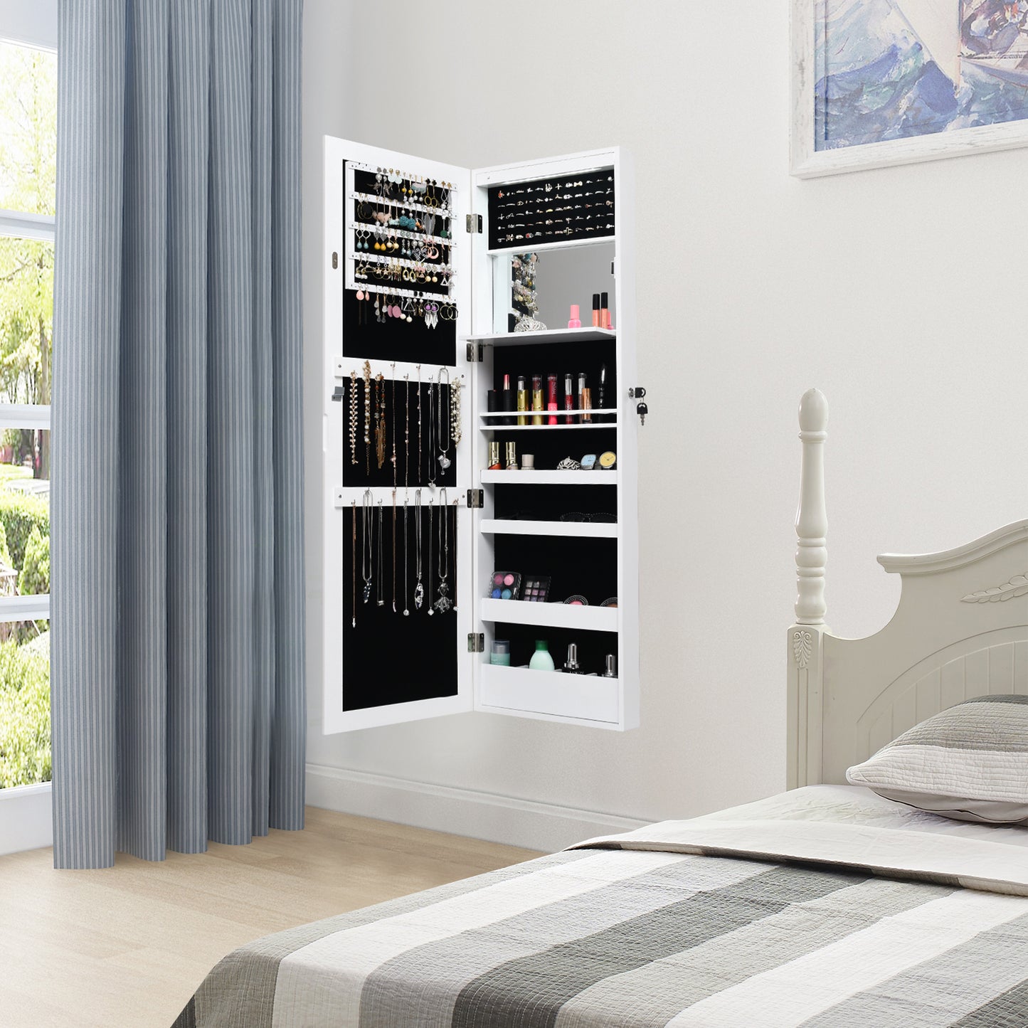 Lockable Wall Door Mounted Mirror Jewelry Cabinet with LED Lights-White