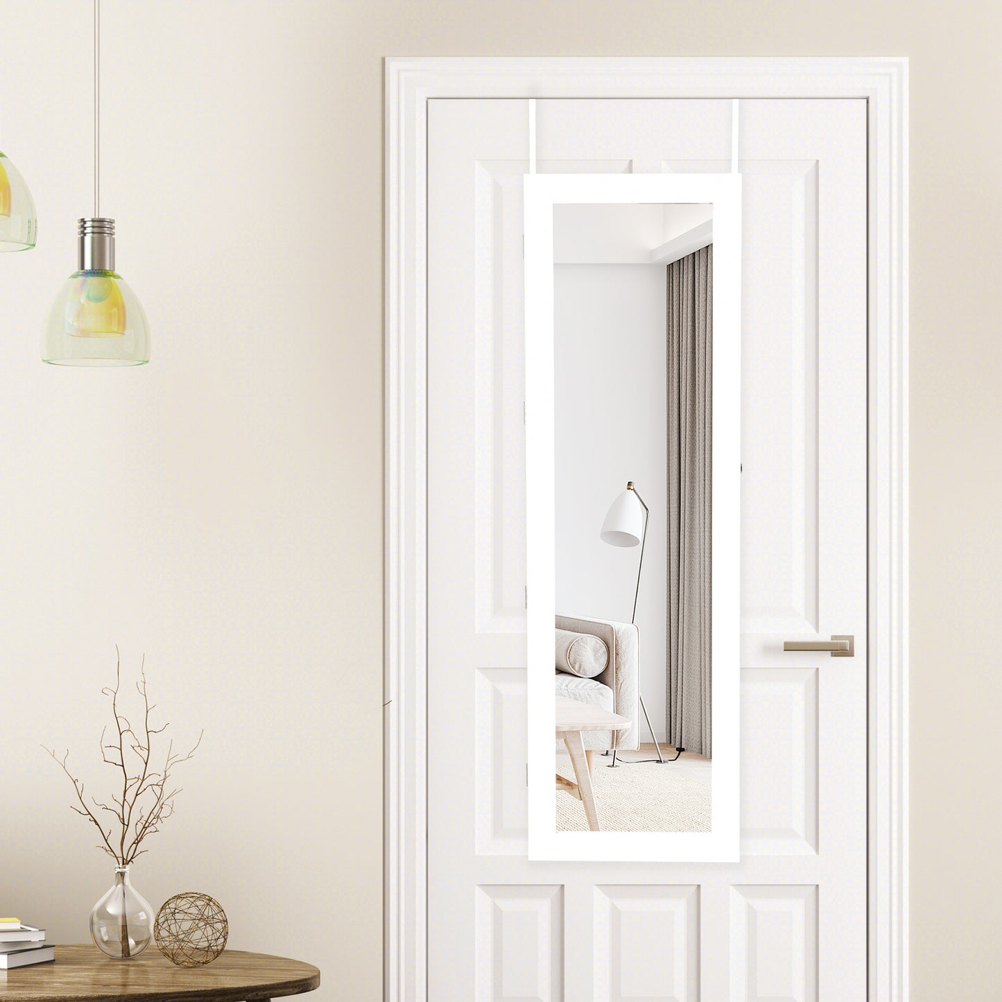 Lockable Wall Door Mounted Mirror Jewelry Cabinet with LED Lights-White