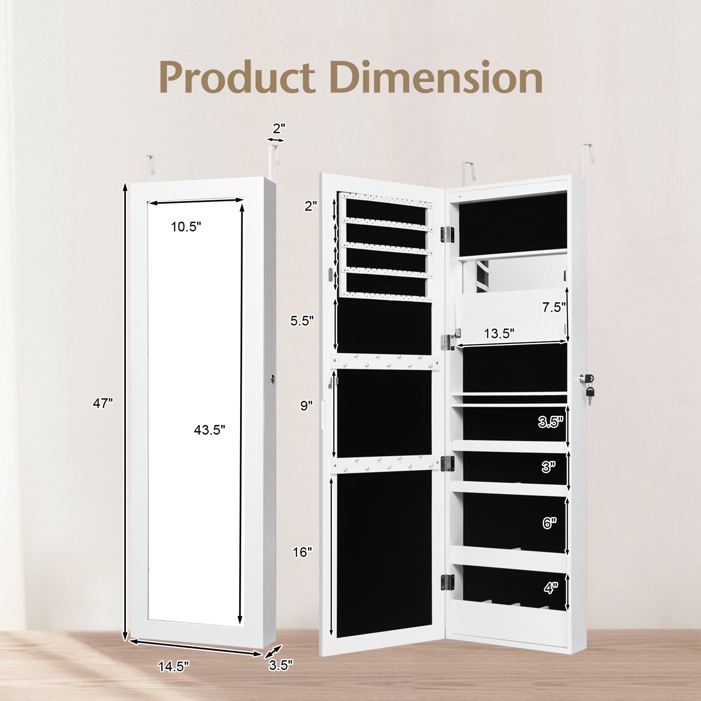 Lockable Wall Door Mounted Mirror Jewelry Cabinet with LED Lights-White