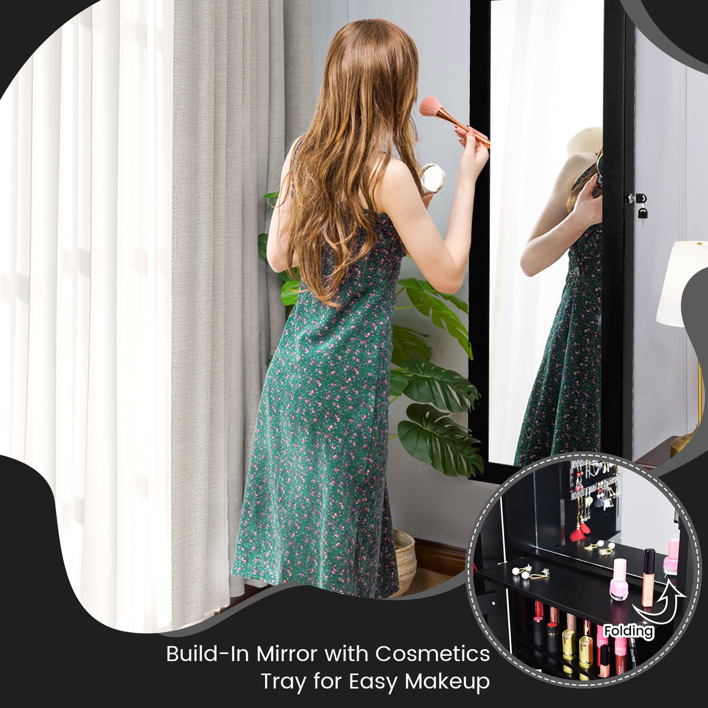 Lockable Wall Door Mounted Mirror Jewelry Cabinet with LED Lights-Black