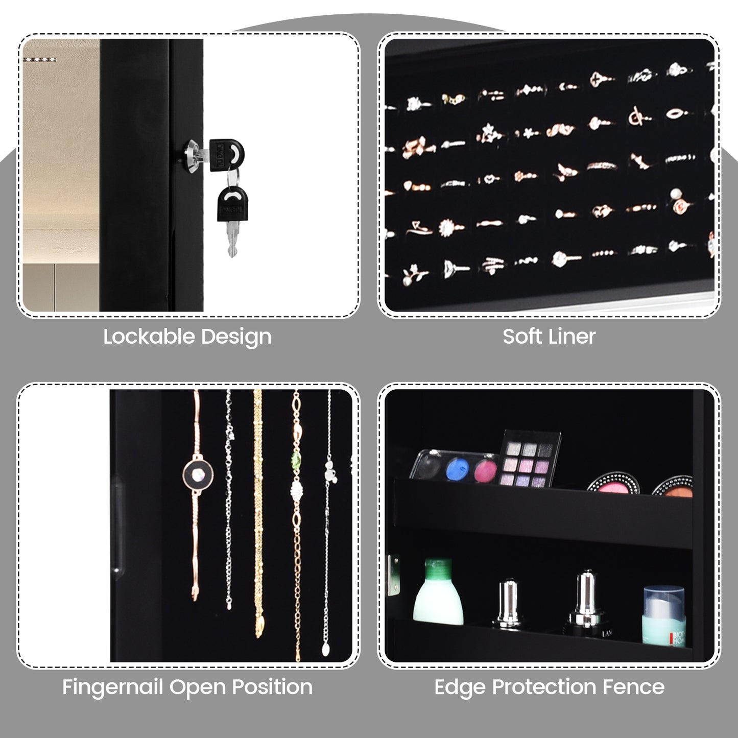 Lockable Wall Door Mounted Mirror Jewelry Cabinet with LED Lights-Black