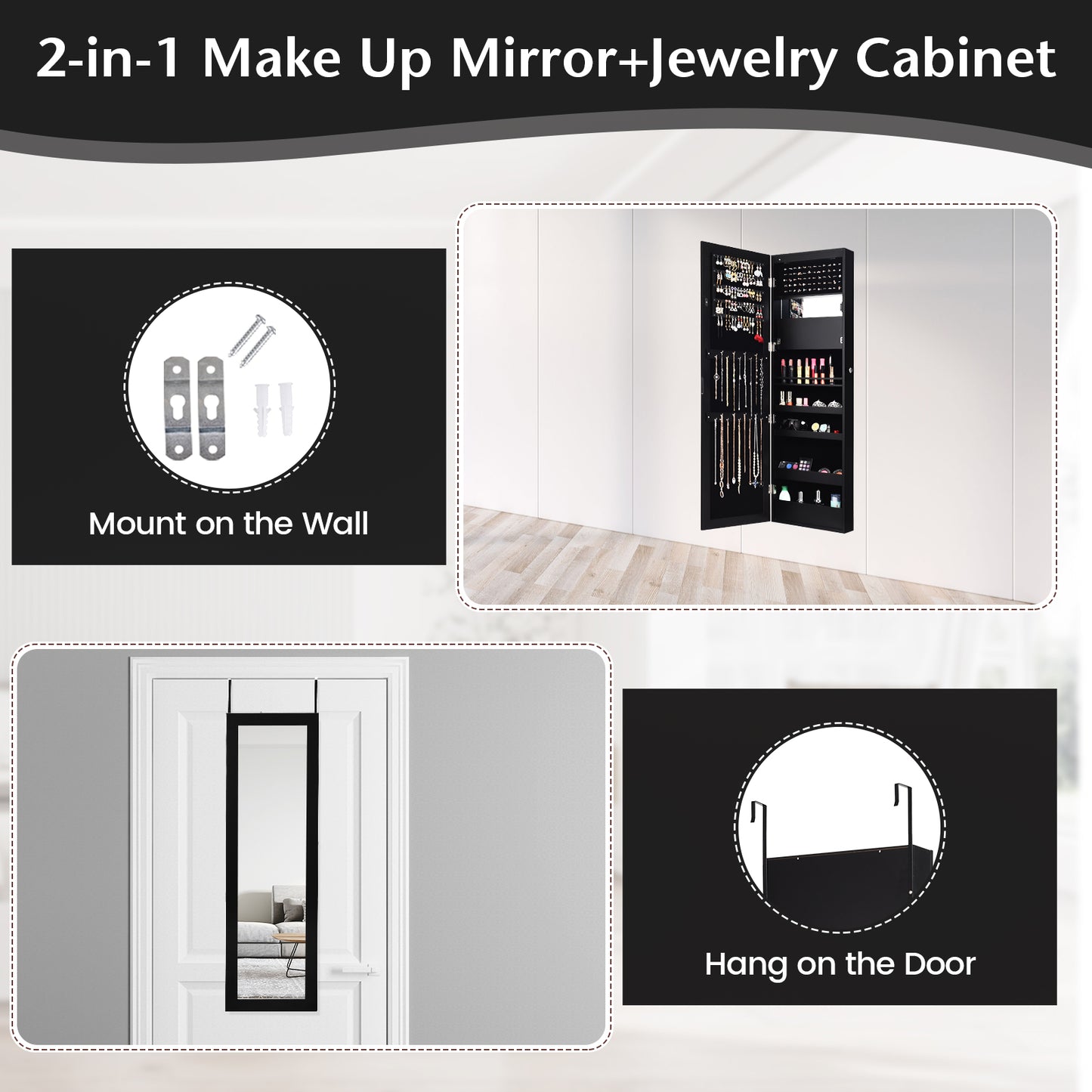 Lockable Wall Door Mounted Mirror Jewelry Cabinet with LED Lights-Black