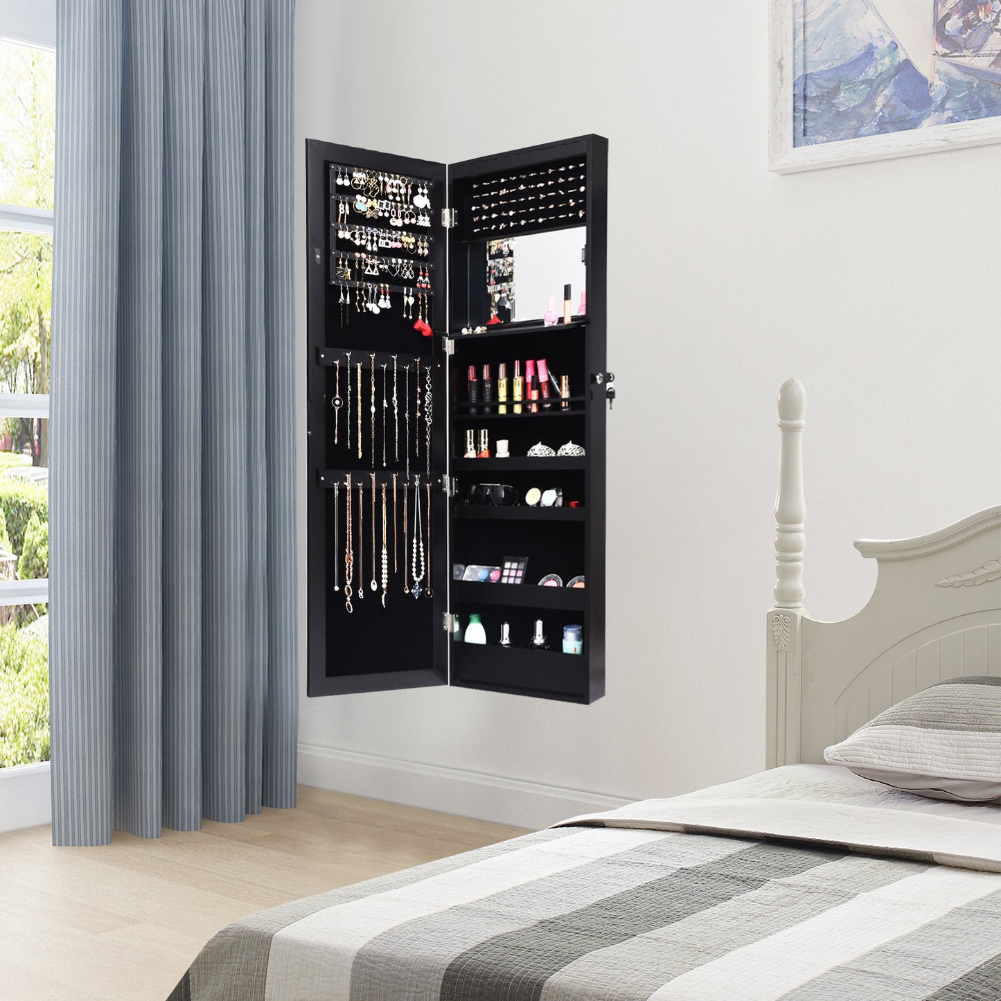 Lockable Wall Door Mounted Mirror Jewelry Cabinet with LED Lights-Black