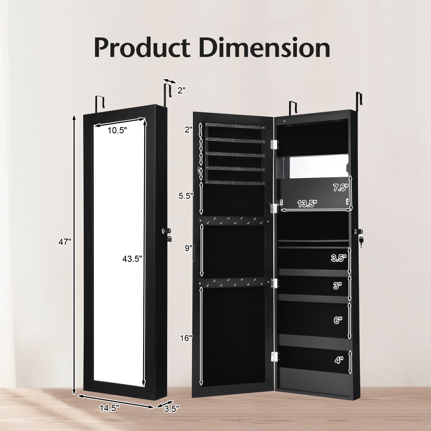 Lockable Wall Door Mounted Mirror Jewelry Cabinet with LED Lights-Black