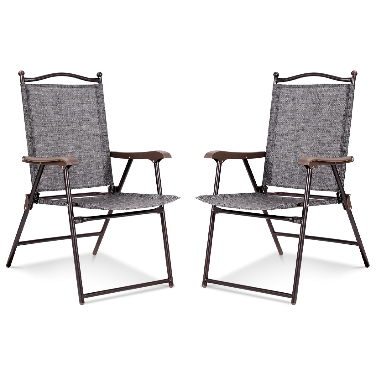 Set of 2 Patio Folding Sling Back Camping Deck Chairs-Gray