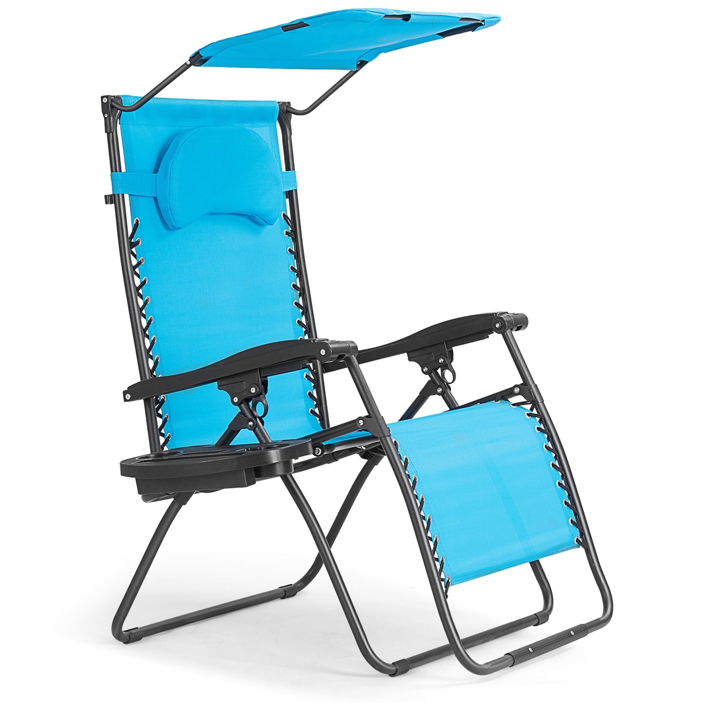 Folding Recliner Lounge Chair w/ Shade Canopy Cup Holder-Blue