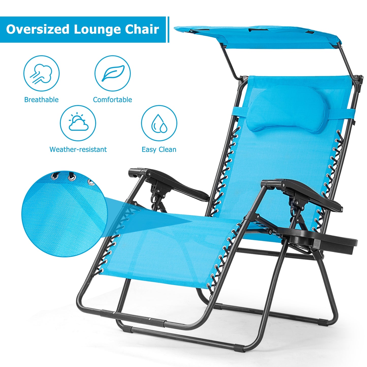 Folding Recliner Lounge Chair w/ Shade Canopy Cup Holder-Blue