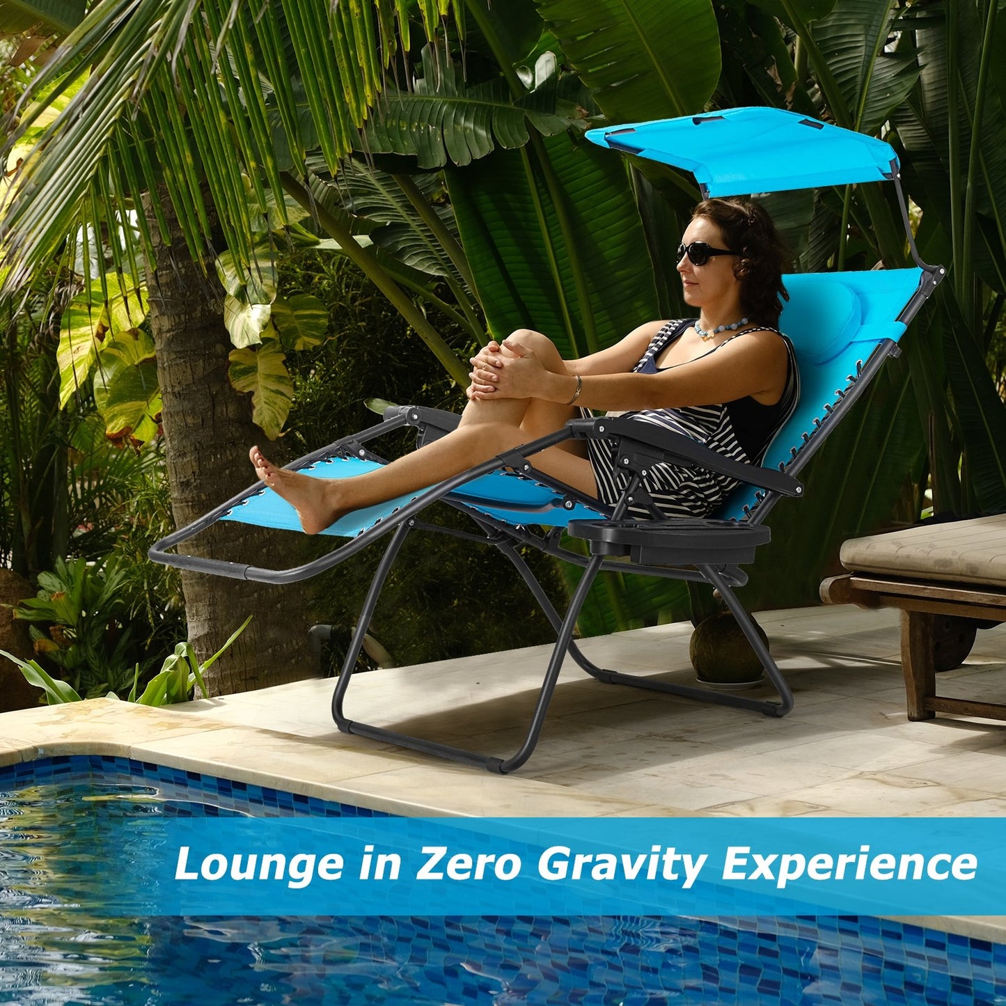 Folding Recliner Lounge Chair w/ Shade Canopy Cup Holder-Blue