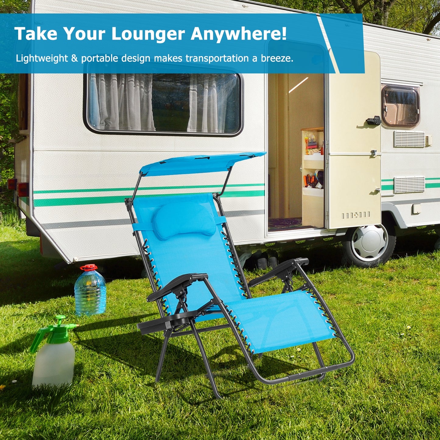 Folding Recliner Lounge Chair w/ Shade Canopy Cup Holder-Blue