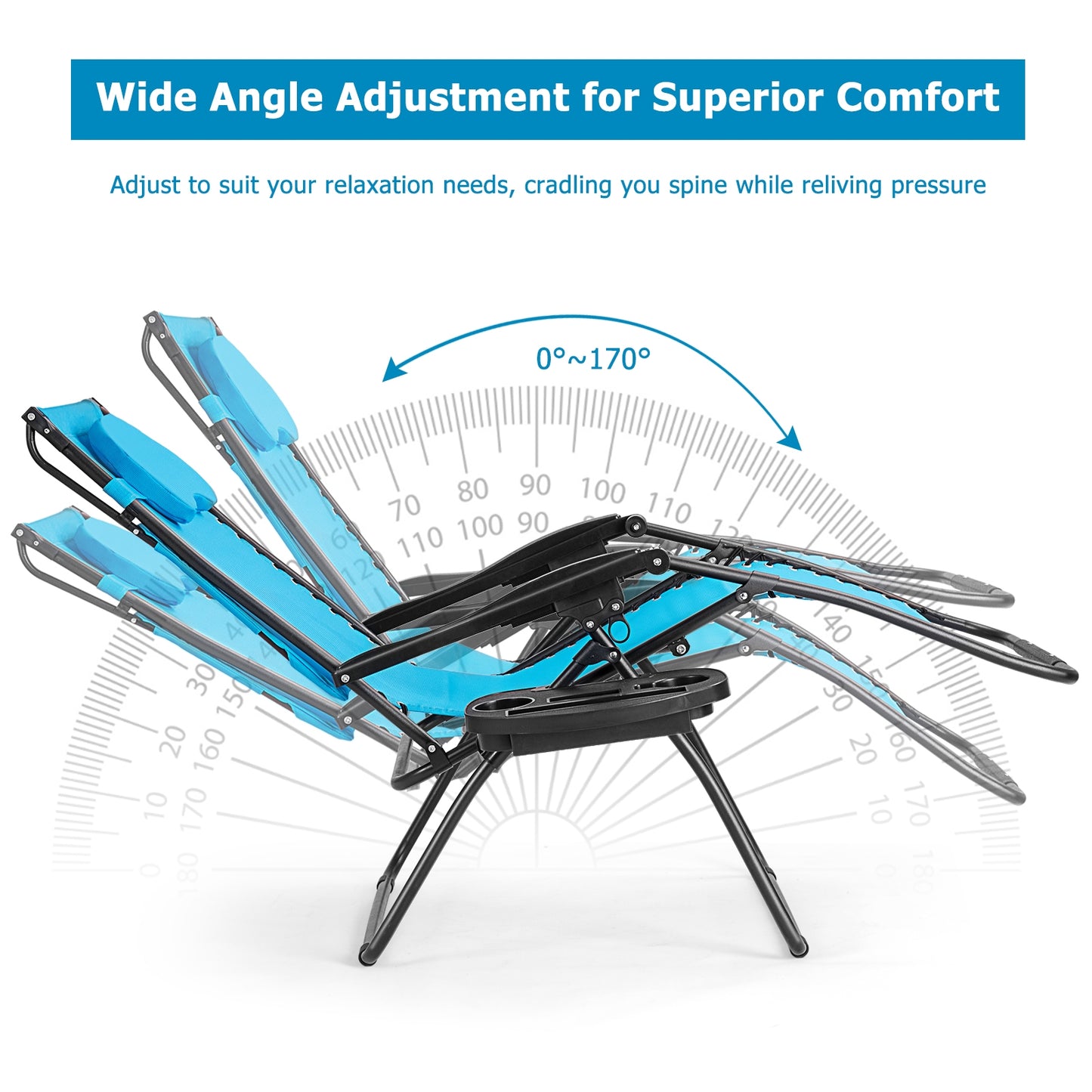 Folding Recliner Lounge Chair w/ Shade Canopy Cup Holder-Blue
