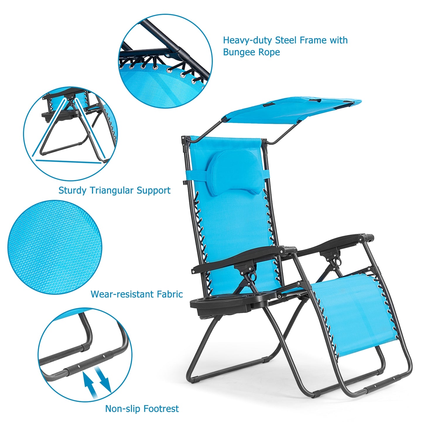 Folding Recliner Lounge Chair w/ Shade Canopy Cup Holder-Blue