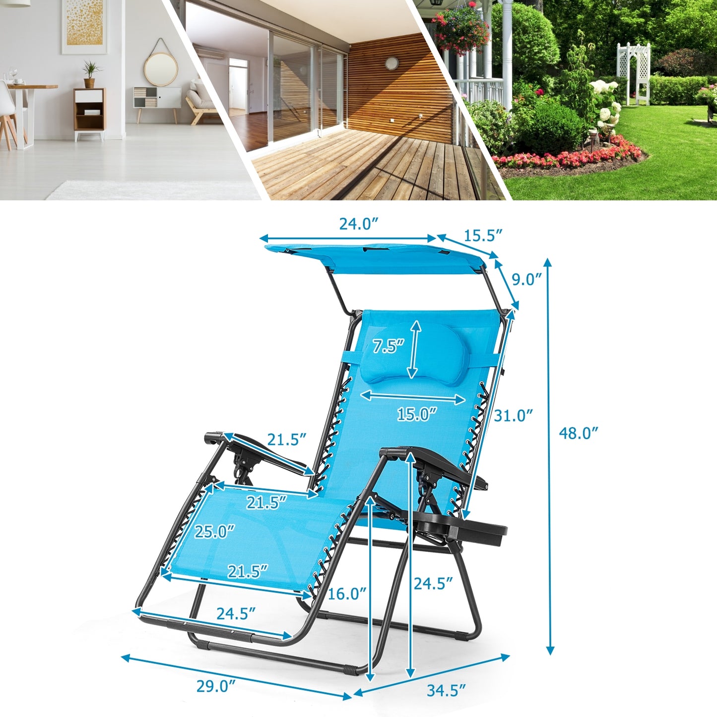 Folding Recliner Lounge Chair w/ Shade Canopy Cup Holder-Blue