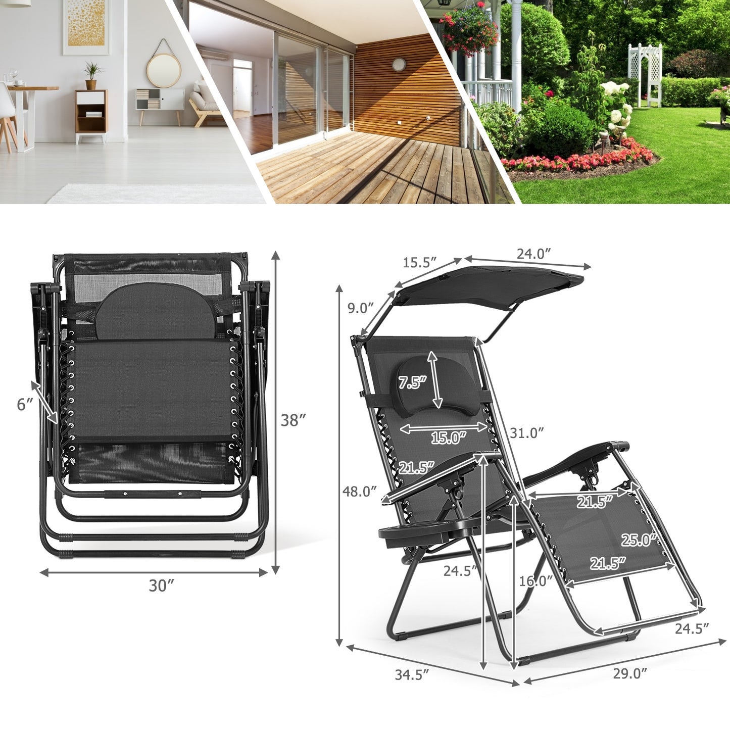 Folding Recliner Lounge Chair w/ Shade Canopy Cup Holder-Black
