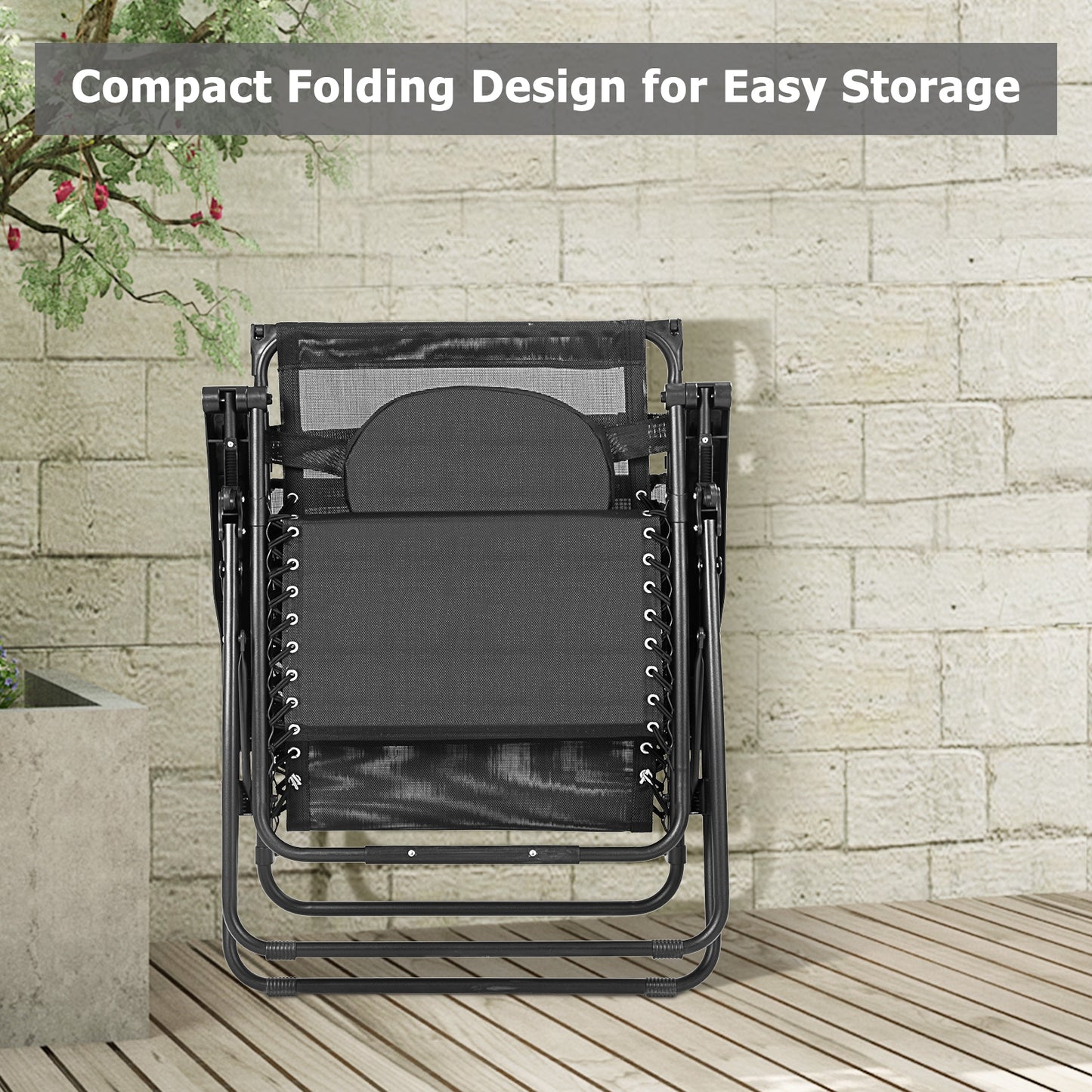 Folding Recliner Lounge Chair w/ Shade Canopy Cup Holder-Black