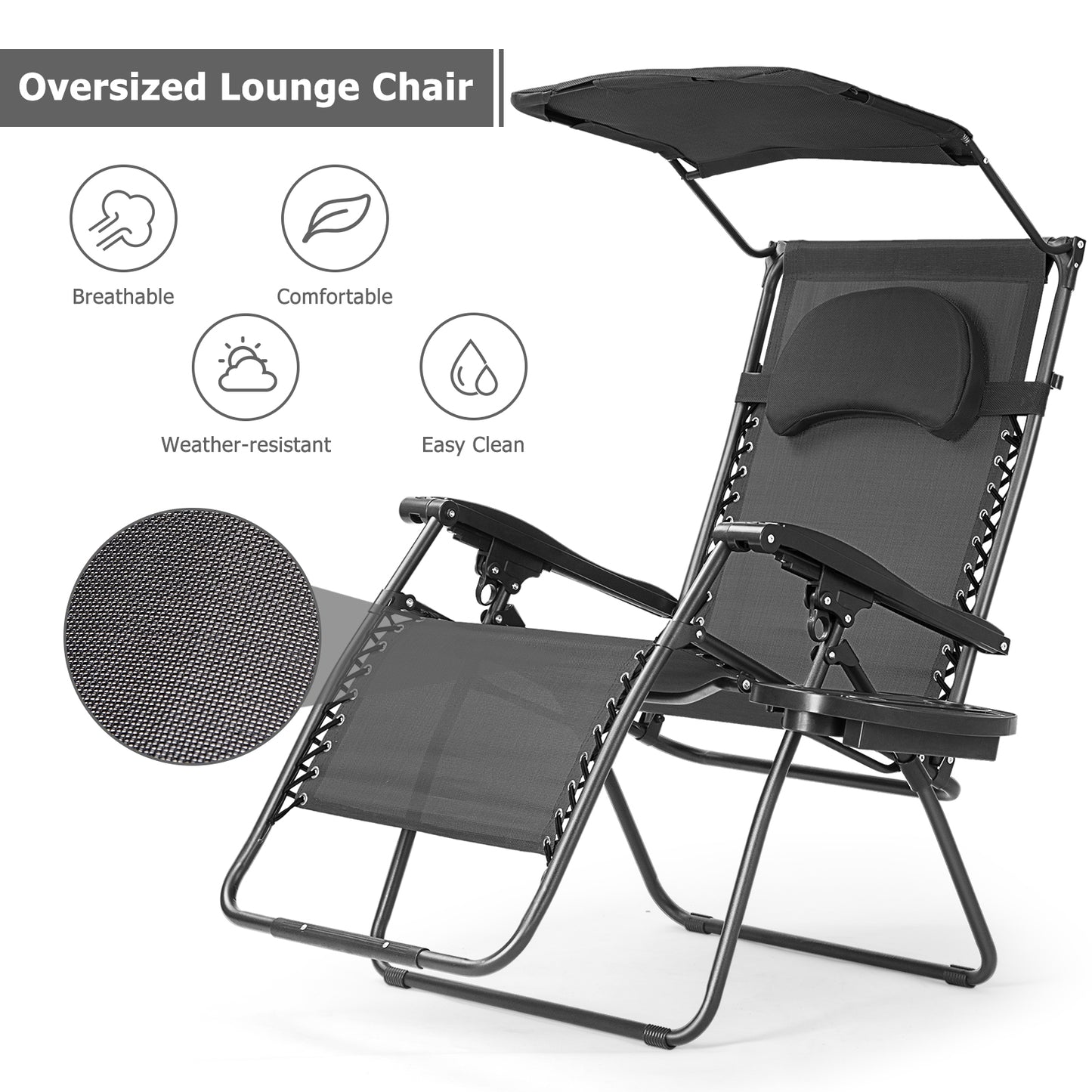 Folding Recliner Lounge Chair w/ Shade Canopy Cup Holder-Black