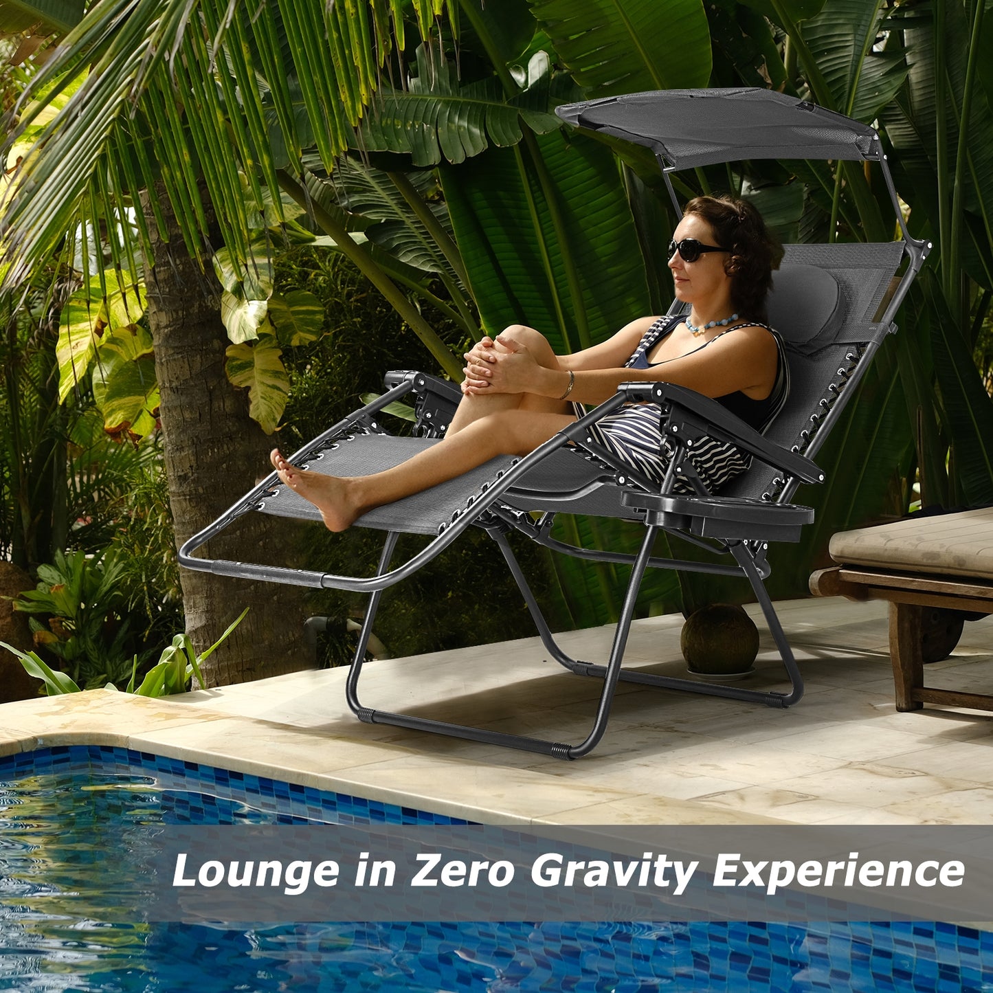 Folding Recliner Lounge Chair w/ Shade Canopy Cup Holder-Black
