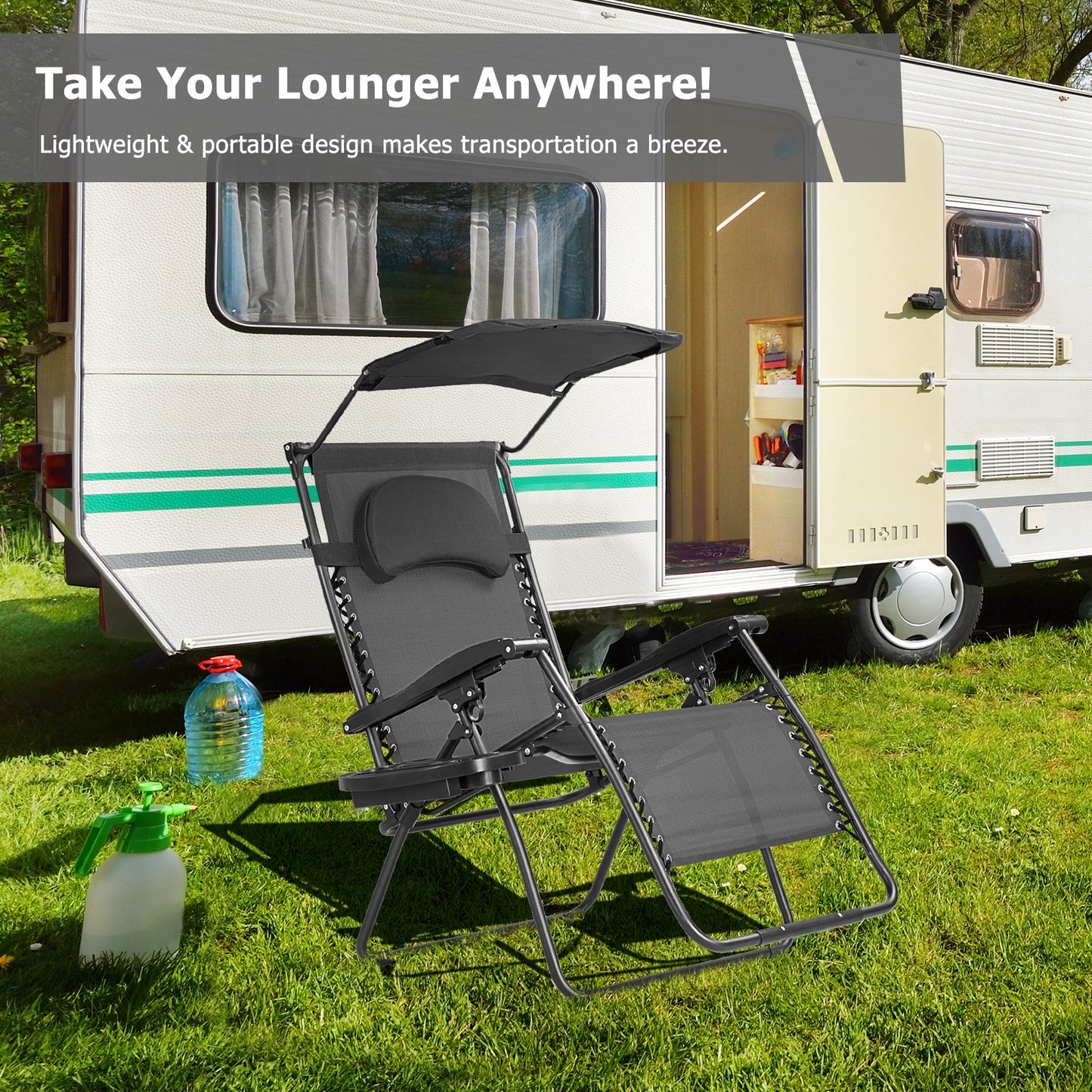 Folding Recliner Lounge Chair w/ Shade Canopy Cup Holder-Black
