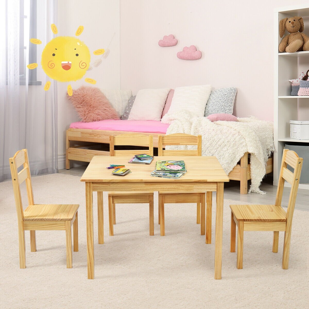 5 Pieces Kids Pine Wood Table Chair Set-Clear