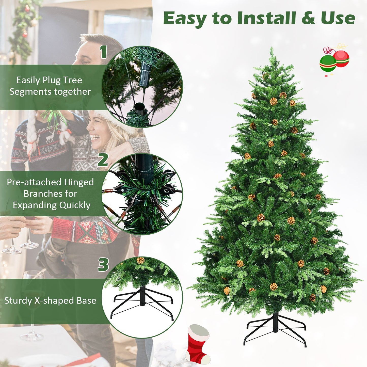 Flocked Artificial Christmas Tree with LED Lights and Pine Cones-8 ft