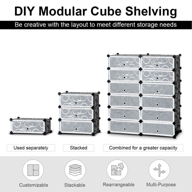 12-Cube DIY Portable Plastic Shoe Rack with Transparent Doors - Direct by Wilsons Home Store