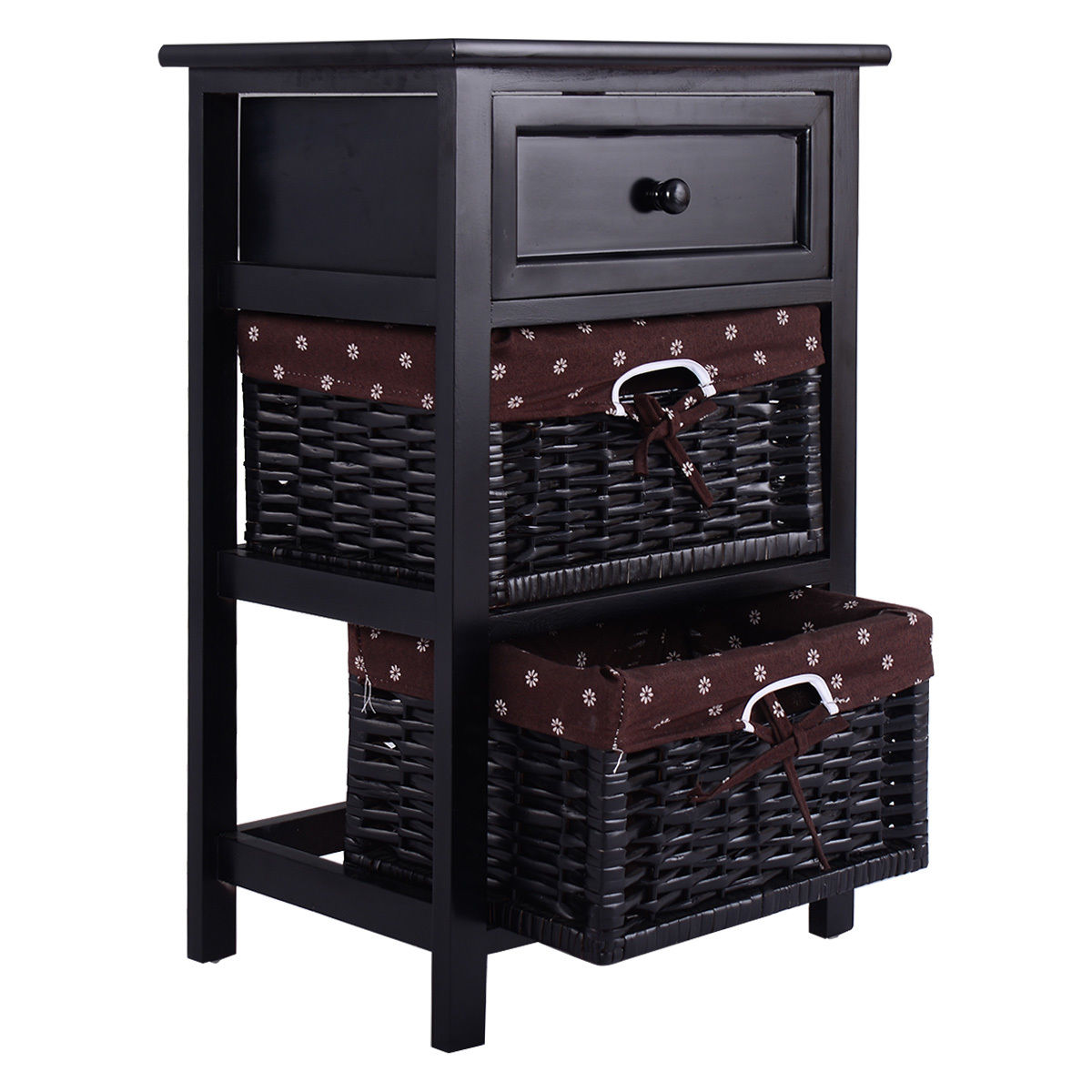 3 Tiers Wooden Storage Nightstand with 2 Baskets and 1 Drawer-black - Direct by Wilsons Home Store