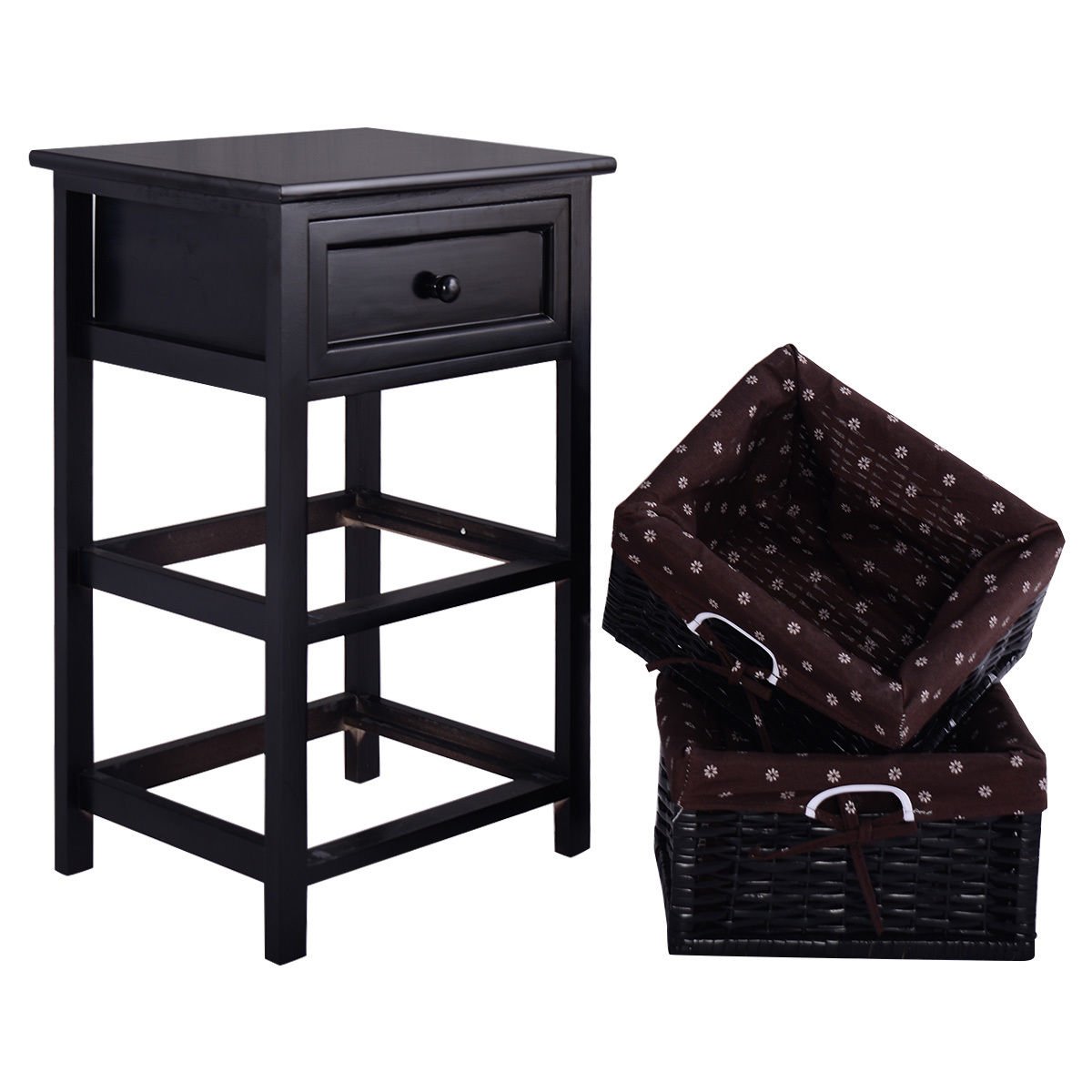 3 Tiers Wooden Storage Nightstand with 2 Baskets and 1 Drawer-black - Direct by Wilsons Home Store