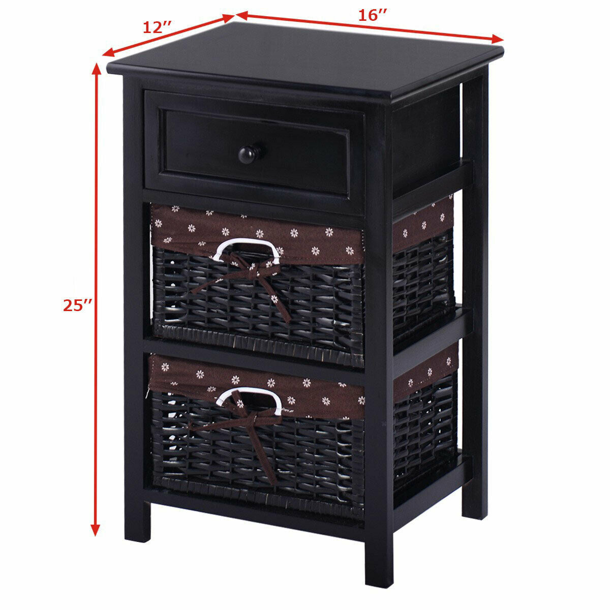 3 Tiers Wooden Storage Nightstand with 2 Baskets and 1 Drawer-black - Direct by Wilsons Home Store