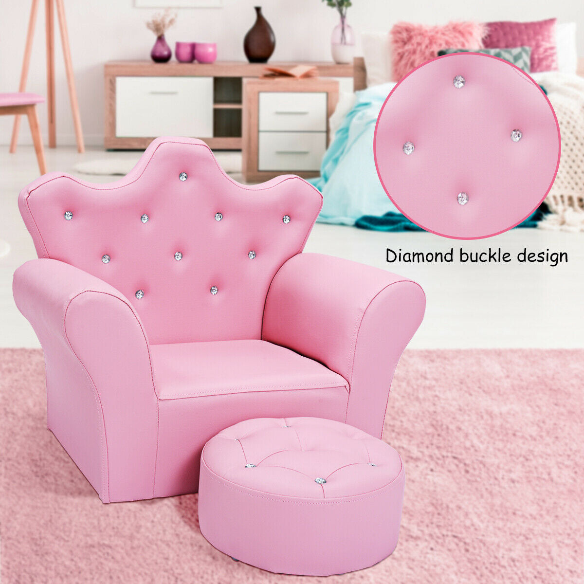 Children Upholstered Princess Sofa with Ottoman and Diamond Decoration for Boys and Girls-Pink - Direct by Wilsons Home Store