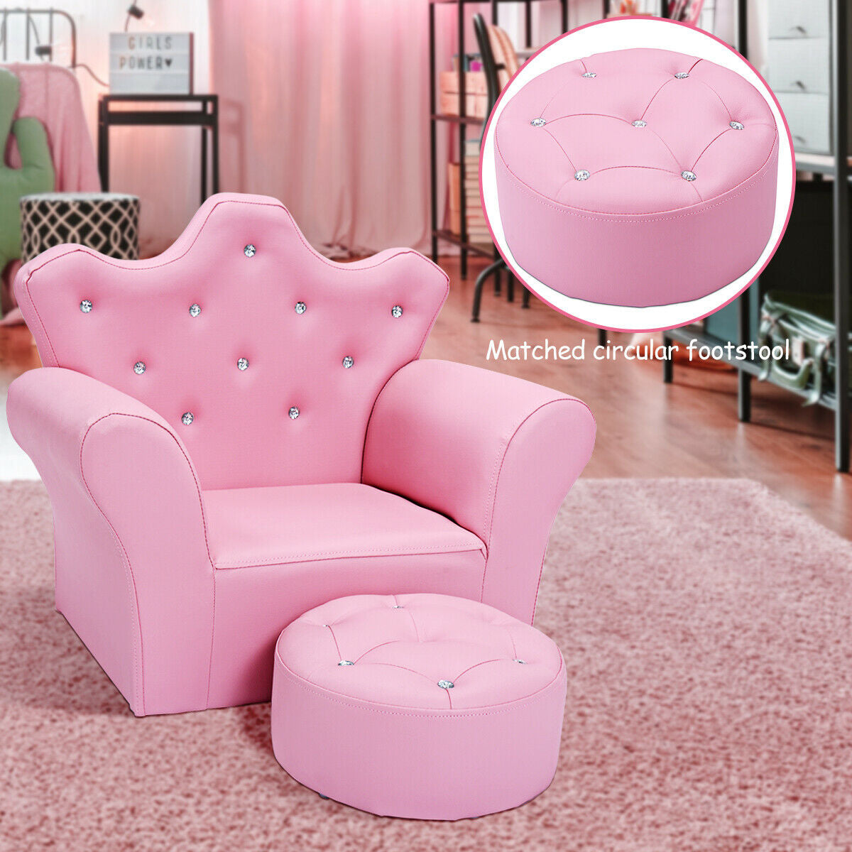 Children Upholstered Princess Sofa with Ottoman and Diamond Decoration for Boys and Girls-Pink - Direct by Wilsons Home Store