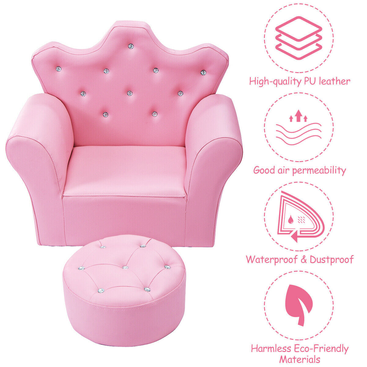 Children Upholstered Princess Sofa with Ottoman and Diamond Decoration for Boys and Girls-Pink - Direct by Wilsons Home Store
