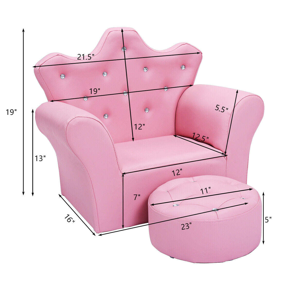Children Upholstered Princess Sofa with Ottoman and Diamond Decoration for Boys and Girls-Pink - Direct by Wilsons Home Store
