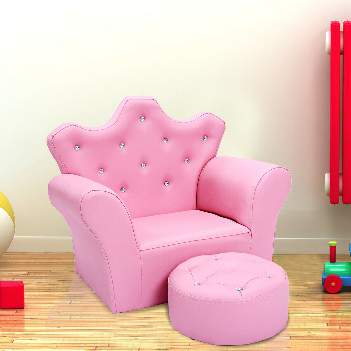 Children Upholstered Princess Sofa with Ottoman and Diamond Decoration for Boys and Girls-Pink - Direct by Wilsons Home Store