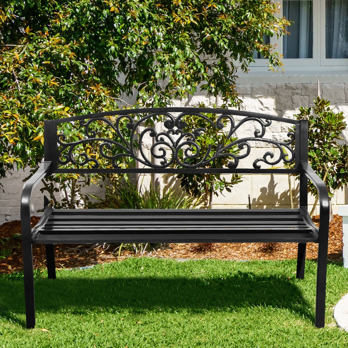 50 Inch Patio Park Steel Frame Cast Iron Backrest Bench Porch Chair - Direct by Wilsons Home Store