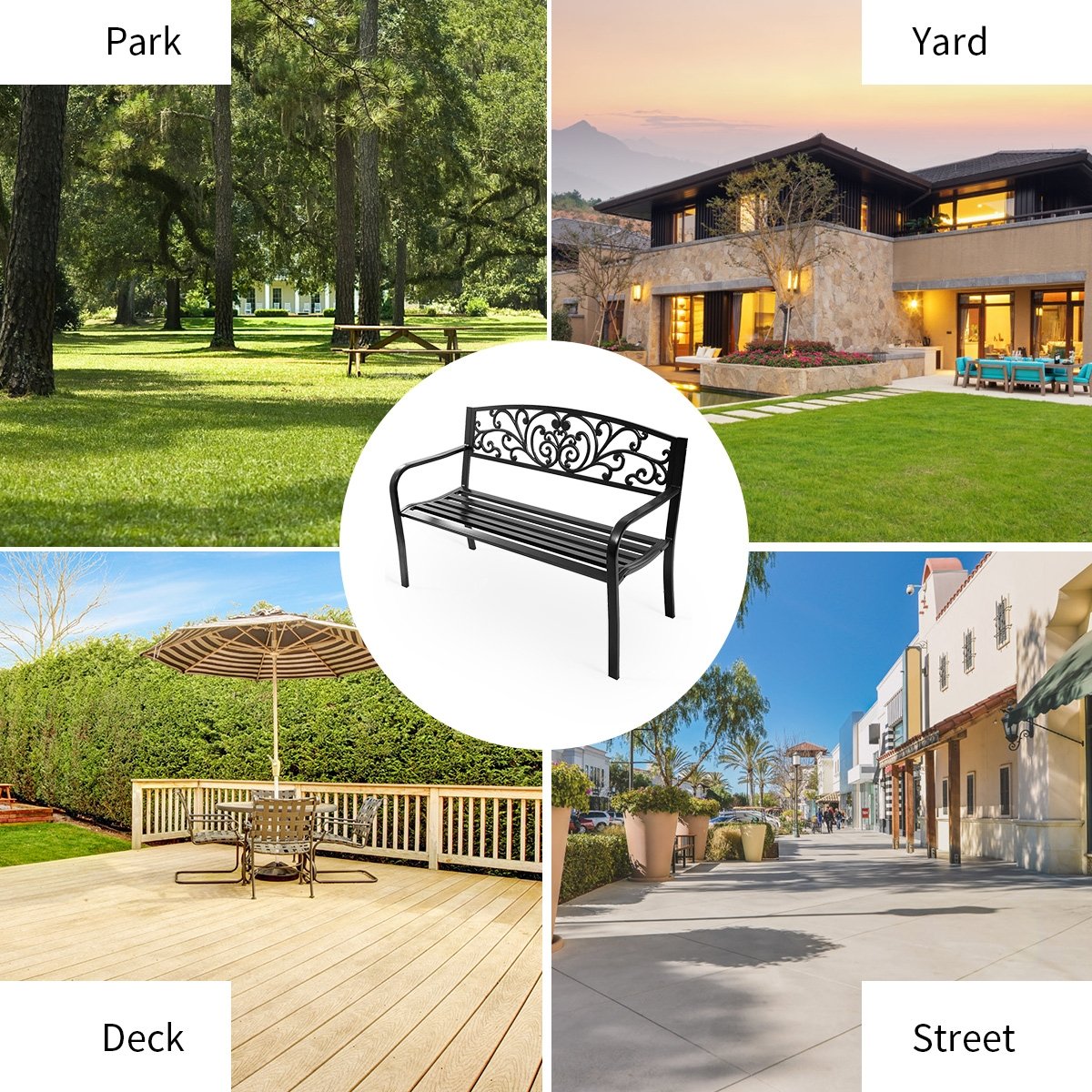 50 Inch Patio Park Steel Frame Cast Iron Backrest Bench Porch Chair - Direct by Wilsons Home Store