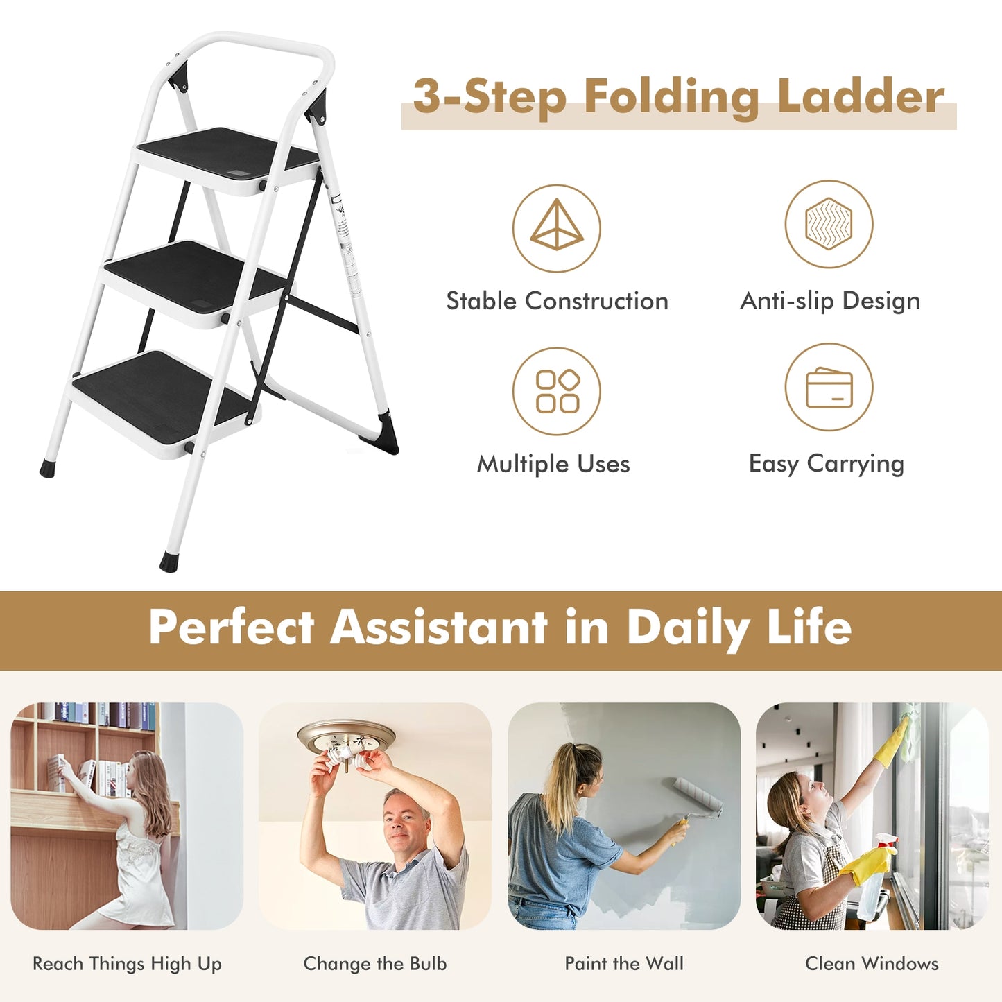 Folding 3-Step Ladder with Handgrip and Anti-Slip Platform - Direct by Wilsons Home Store