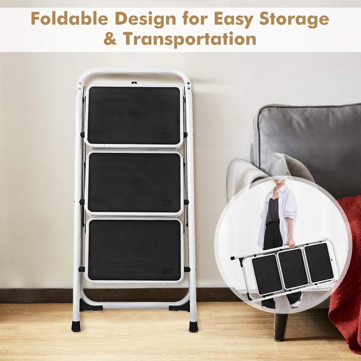 Folding 3-Step Ladder with Handgrip and Anti-Slip Platform - Direct by Wilsons Home Store