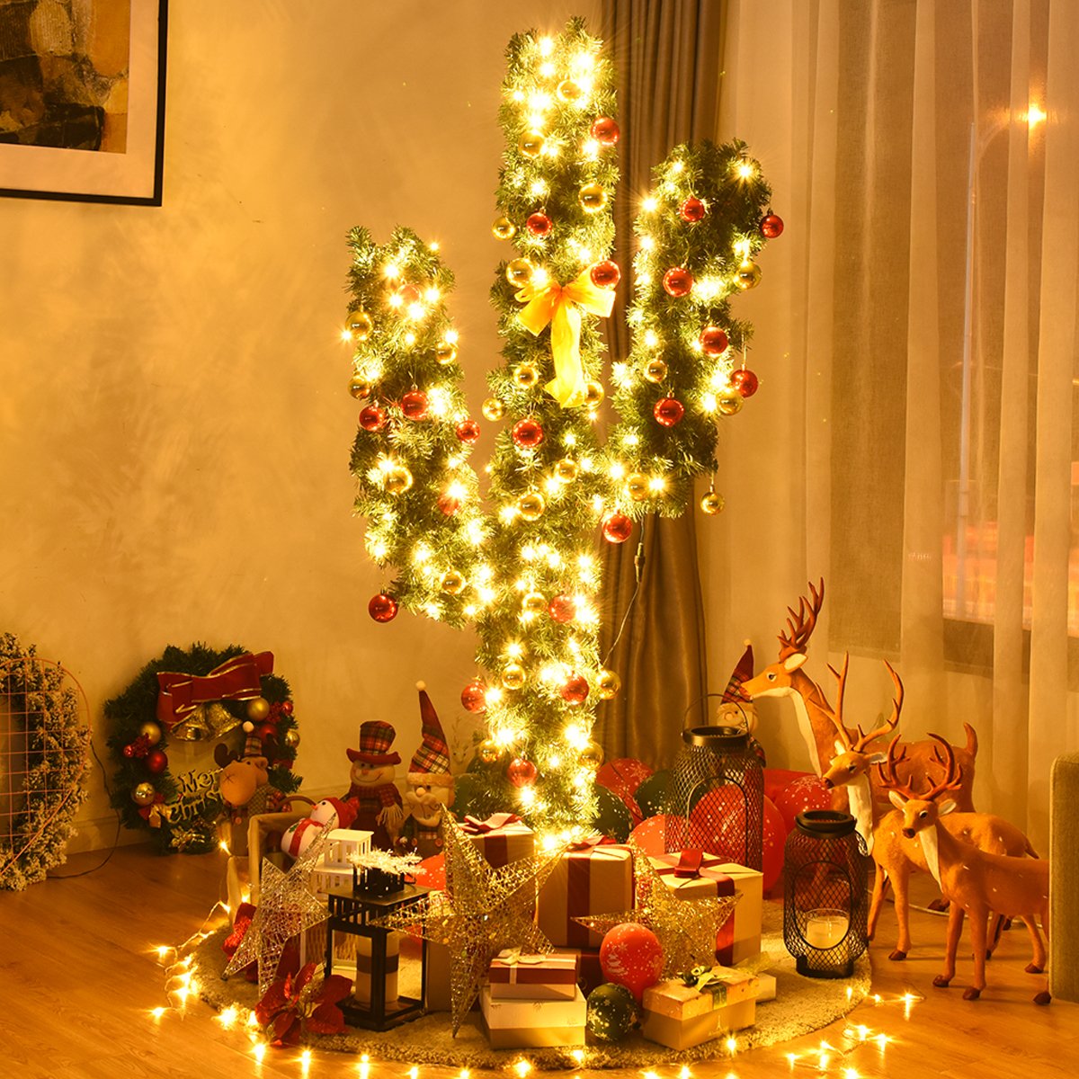 6 Feet Artificial Cactus PVC Christmas Tree with LED Lights and Ball Ornaments-6 ft