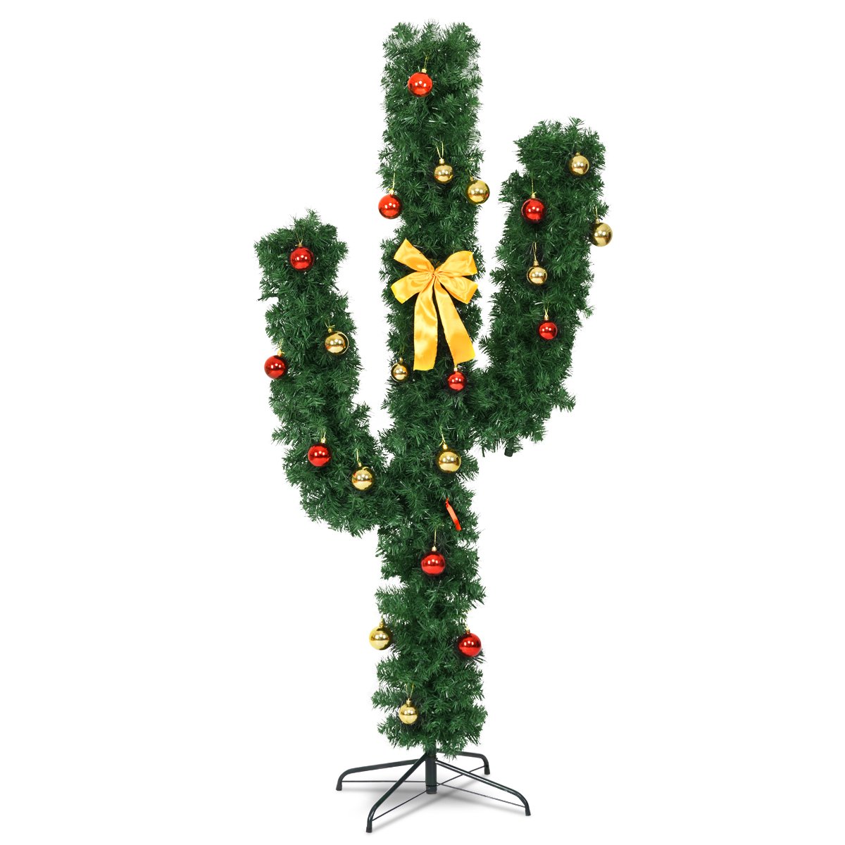 6 Feet Artificial Cactus PVC Christmas Tree with LED Lights and Ball Ornaments-6 ft