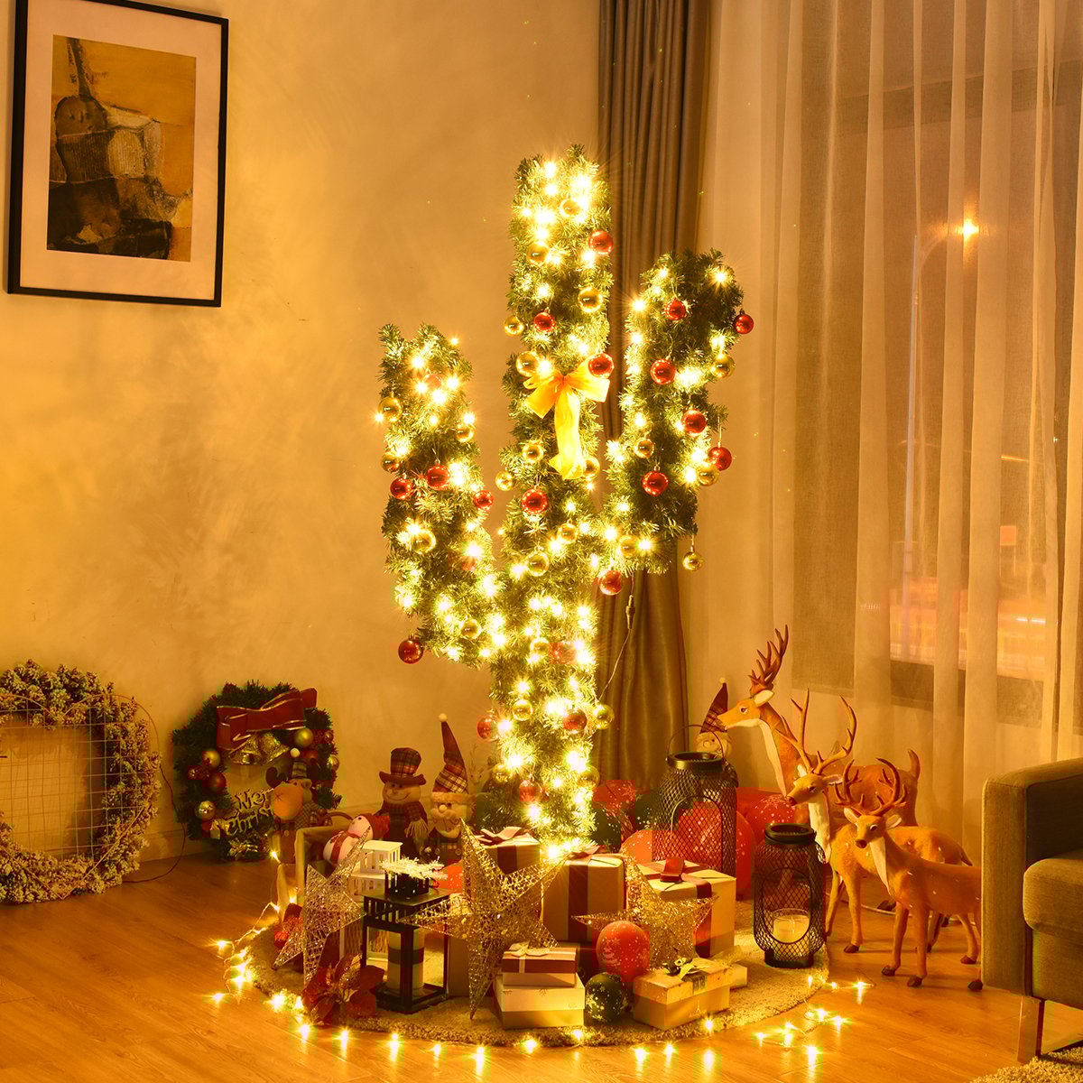 6 Feet Artificial Cactus PVC Christmas Tree with LED Lights and Ball Ornaments-6 ft