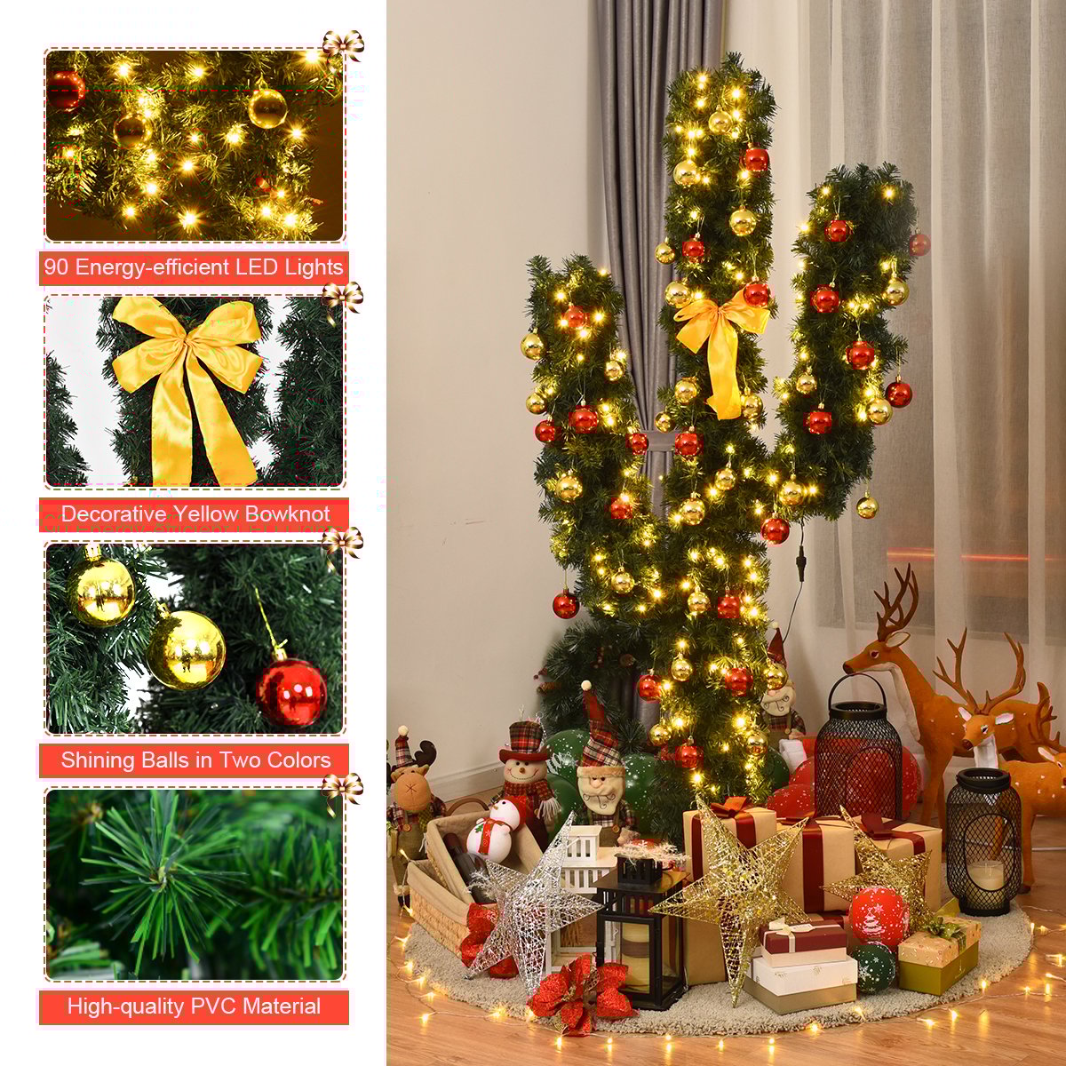 6 Feet Artificial Cactus PVC Christmas Tree with LED Lights and Ball Ornaments-6 ft