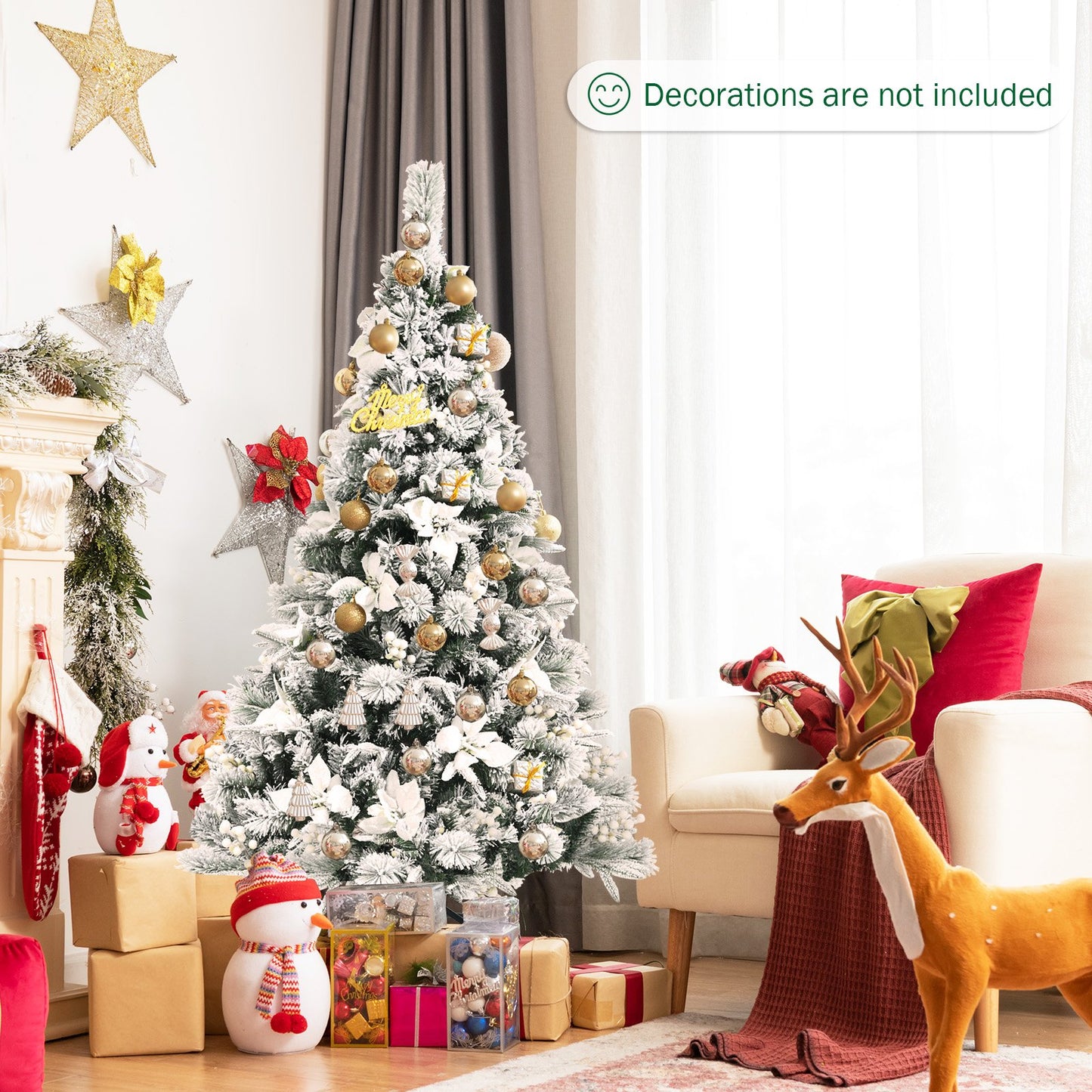 Snow Flocked Christmas Pencil Tree with Berries and Poinsettia Flowers- 8 ft