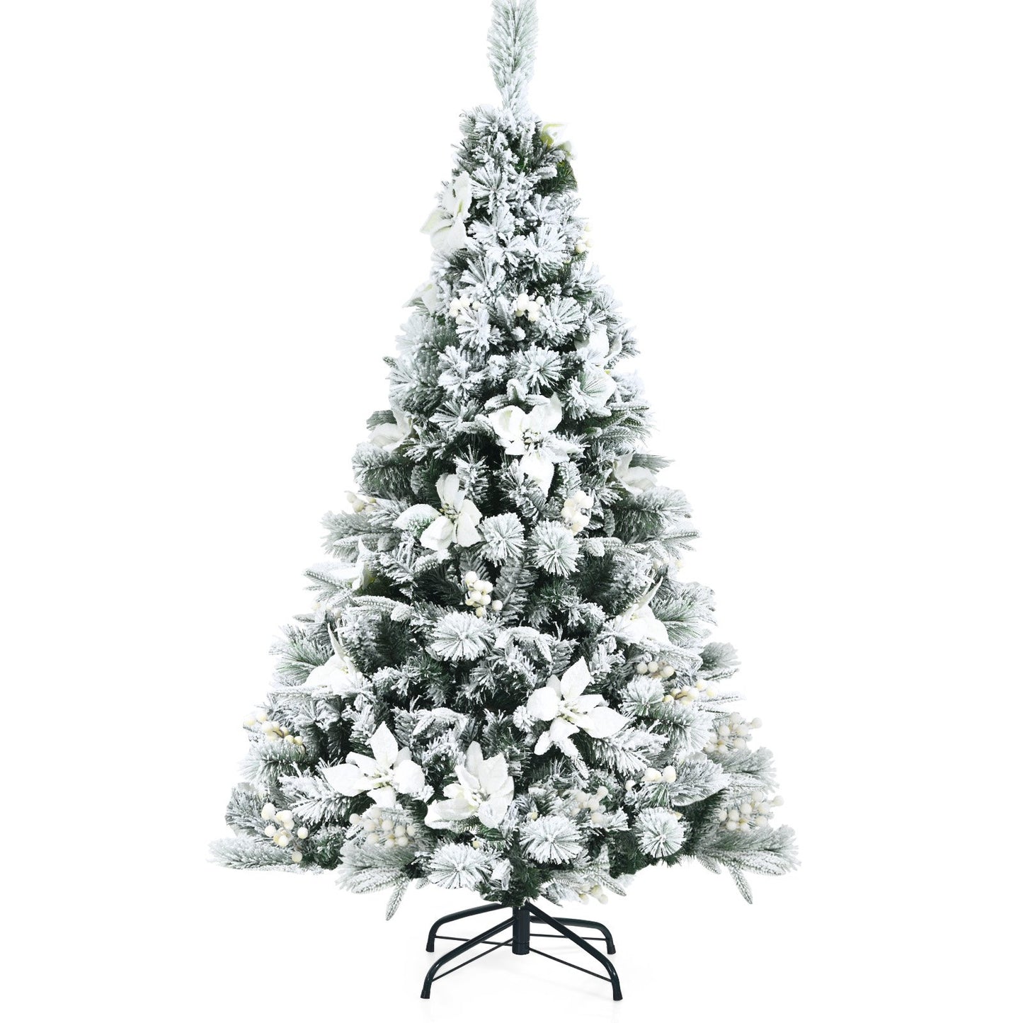 Snow Flocked Christmas Pencil Tree with Berries and Poinsettia Flowers- 8 ft