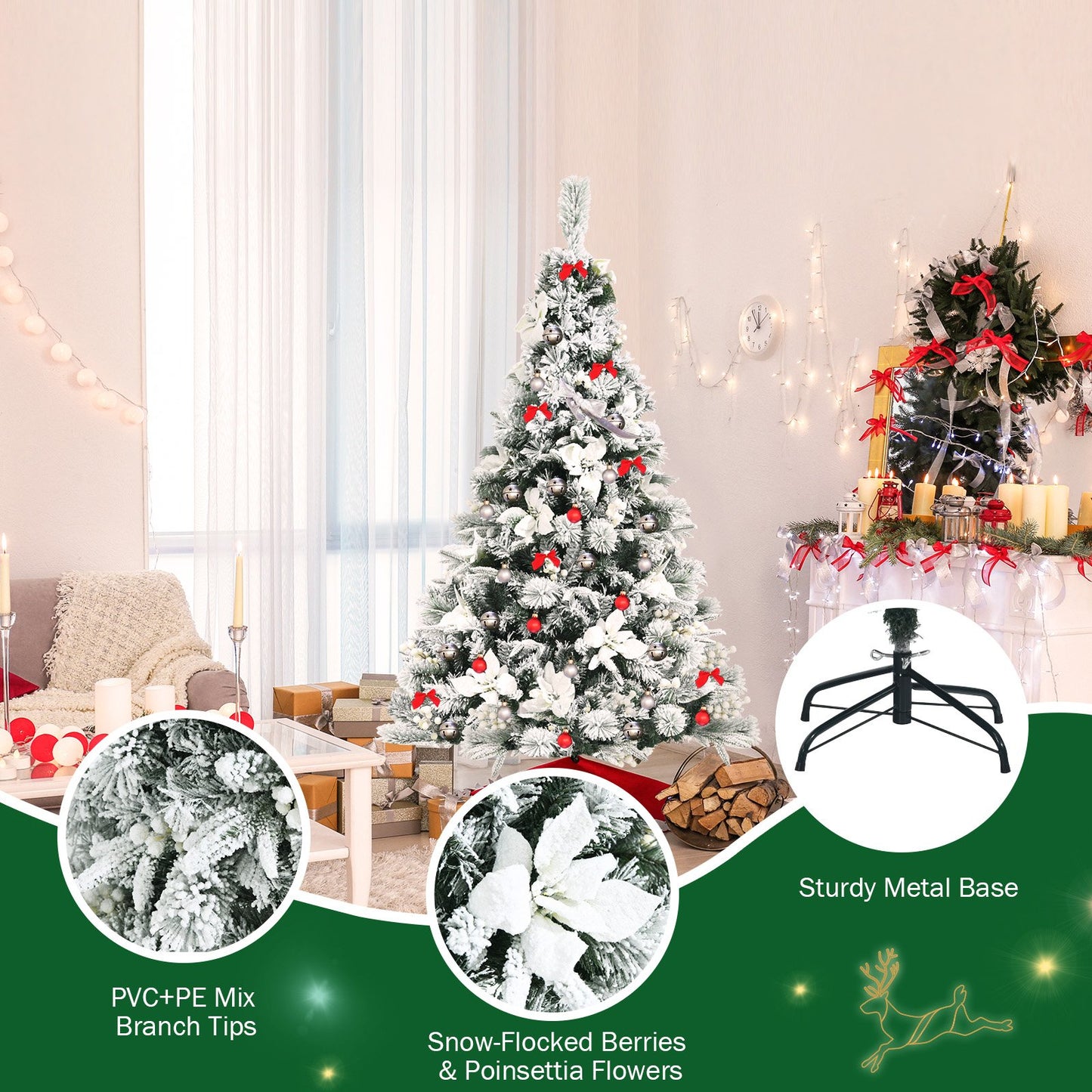 Snow Flocked Christmas Pencil Tree with Berries and Poinsettia Flowers- 8 ft