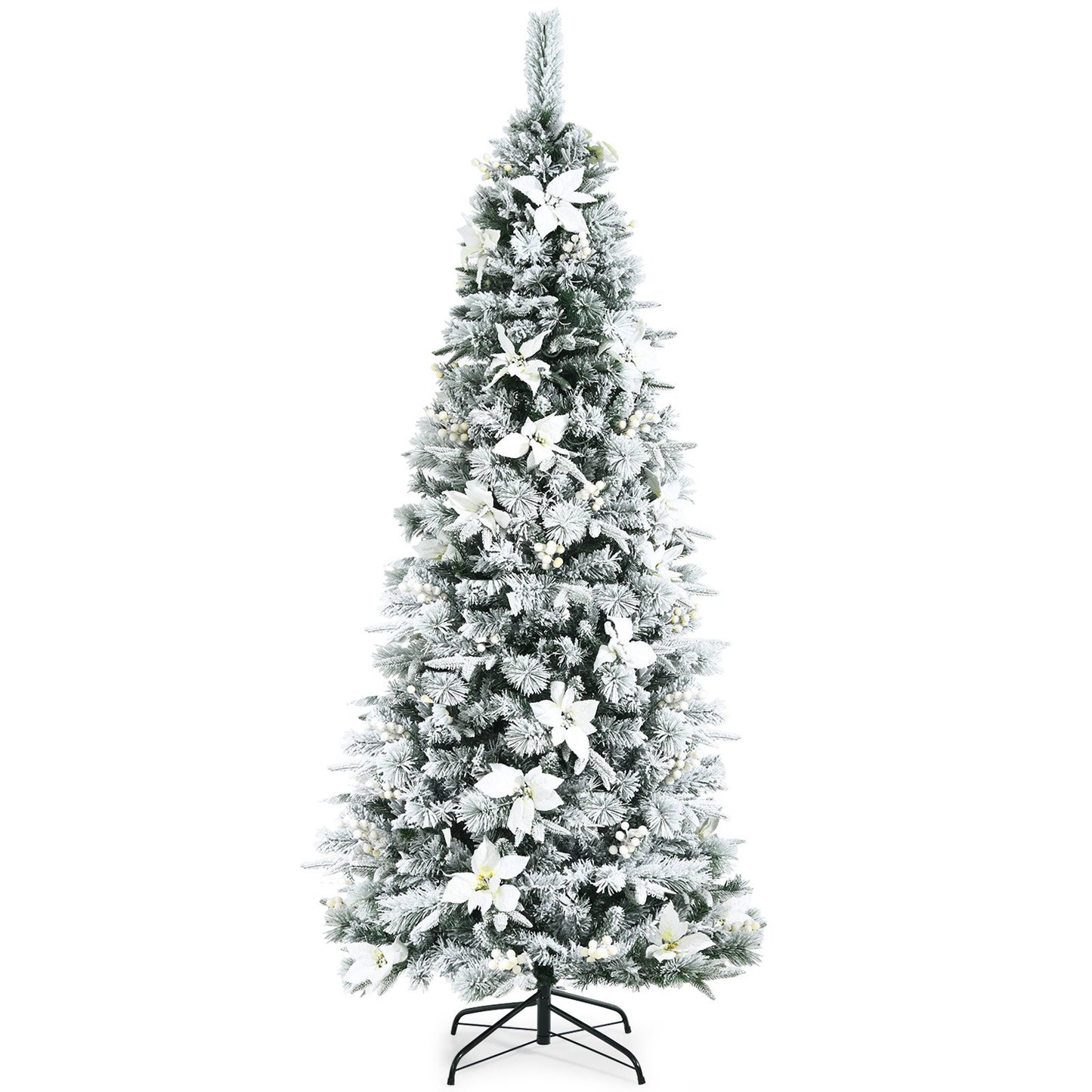 Snow Flocked Christmas Pencil Tree with Berries and Poinsettia Flowers- 8 ft