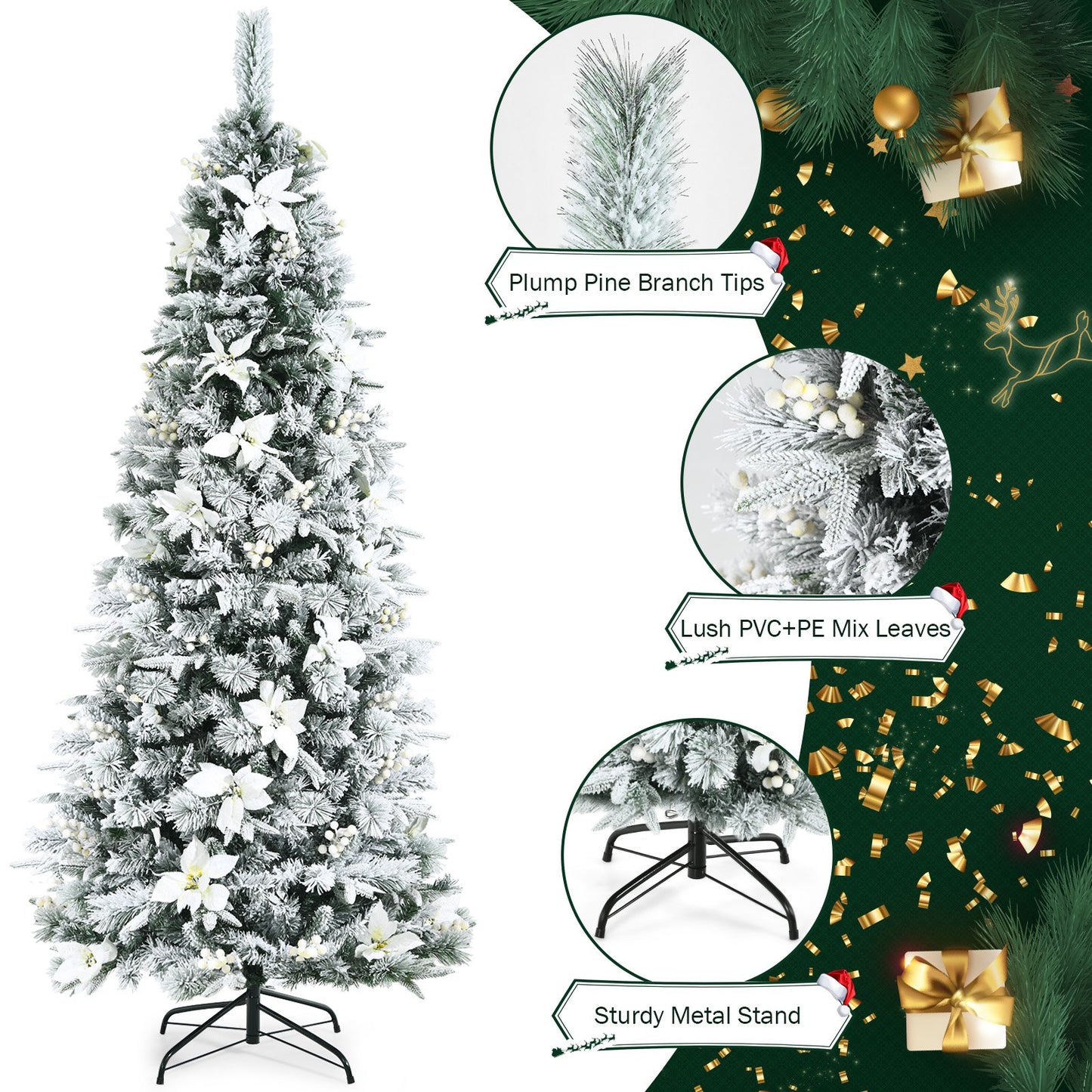 Snow Flocked Christmas Pencil Tree with Berries and Poinsettia Flowers- 8 ft