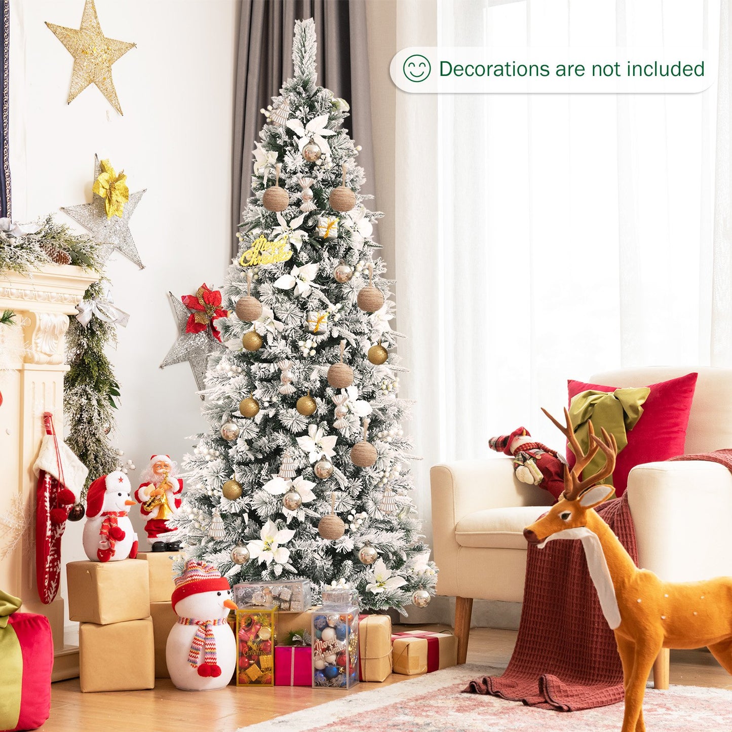 Snow Flocked Christmas Pencil Tree with Berries and Poinsettia Flowers- 8 ft