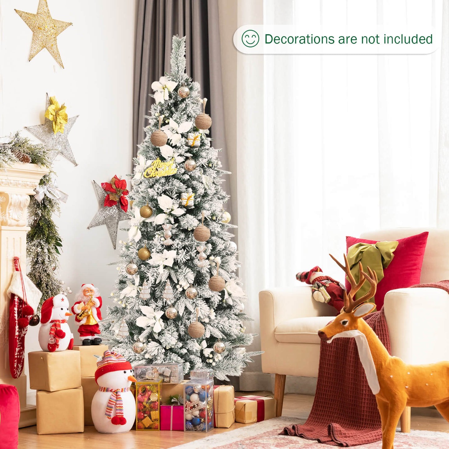 Snow Flocked Christmas Pencil Tree with Berries and Poinsettia Flowers- 8 ft