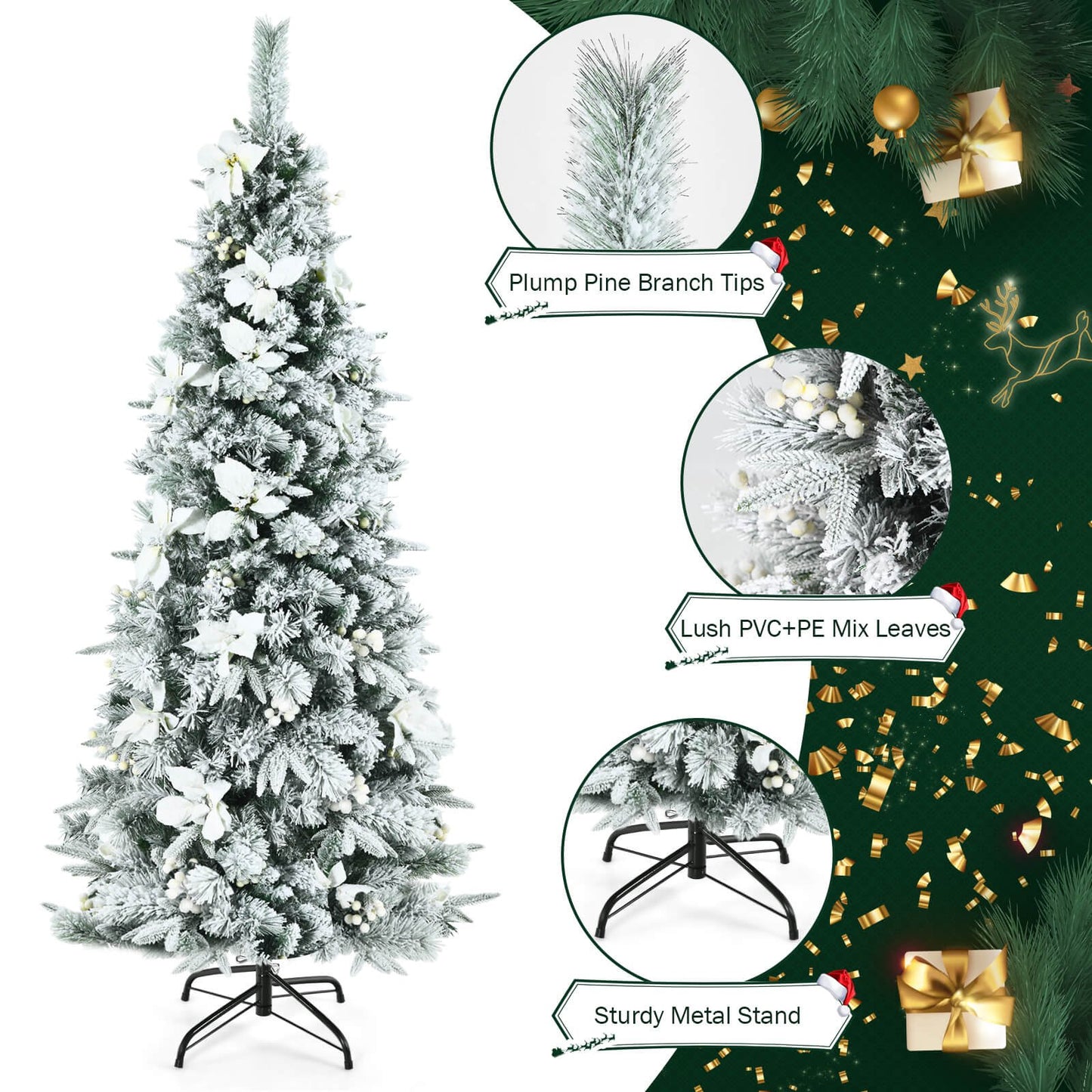 Snow Flocked Christmas Pencil Tree with Berries and Poinsettia Flowers- 8 ft