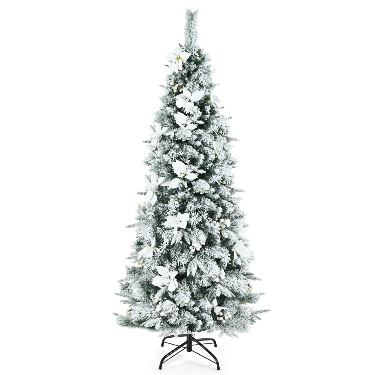 Snow Flocked Christmas Pencil Tree with Berries and Poinsettia Flowers- 8 ft
