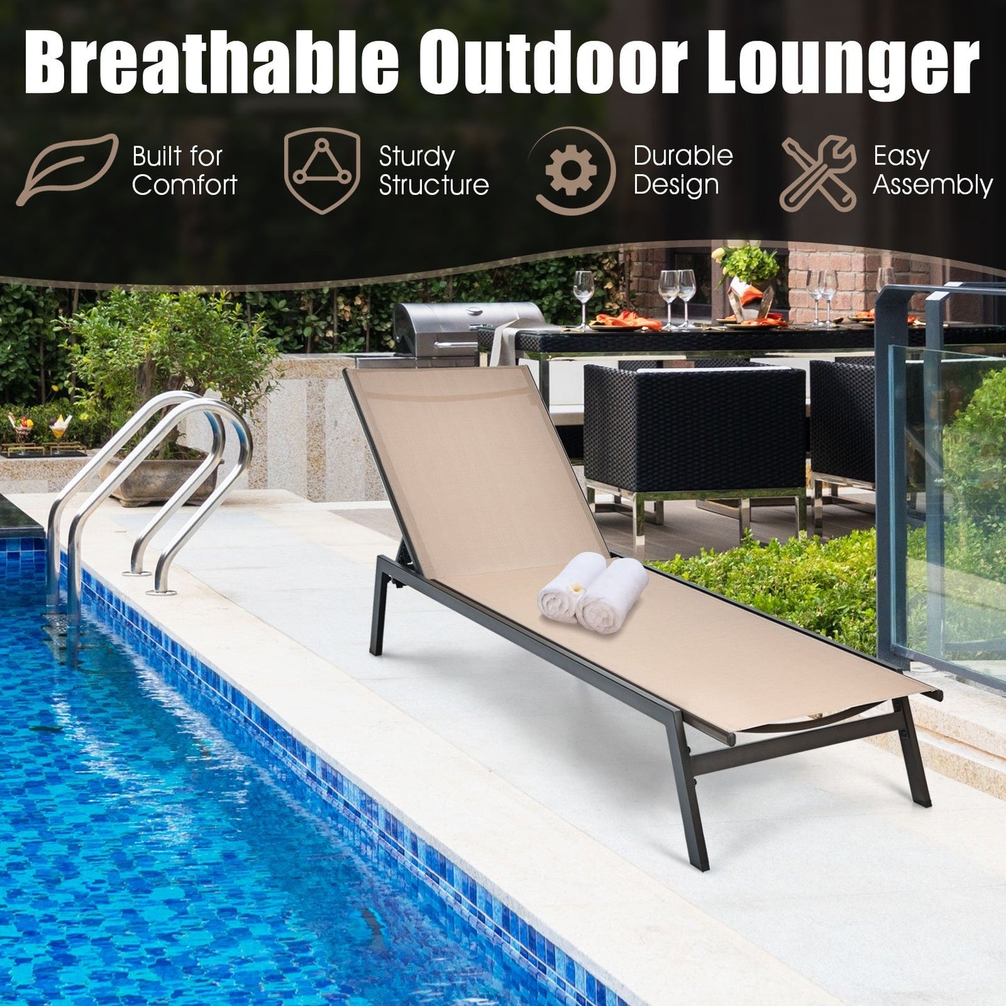 Outdoor Reclining Chaise Lounge Chair with 6-Position Adjustable Back-Black